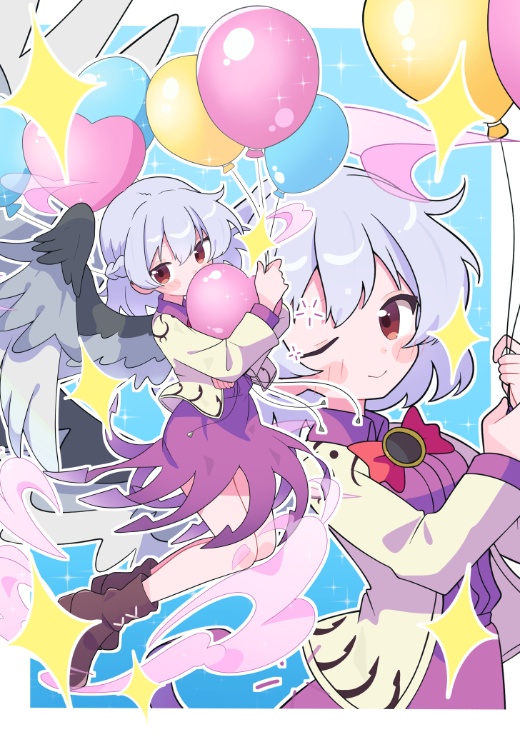 masakamea, kishin sagume, touhou, commentary request, commission, skeb commission, 1girl, balloon, blush, boots, bow, bowtie, braid, brown boots, closed mouth, dress, feathered wings, grey hair, grey wings, half up braid, holding, holding balloon, jacket, long sleeves, looking at viewer, purple dress, red bow, red bowtie, red eyes, single wing, smile, sparkle, white wings, wings