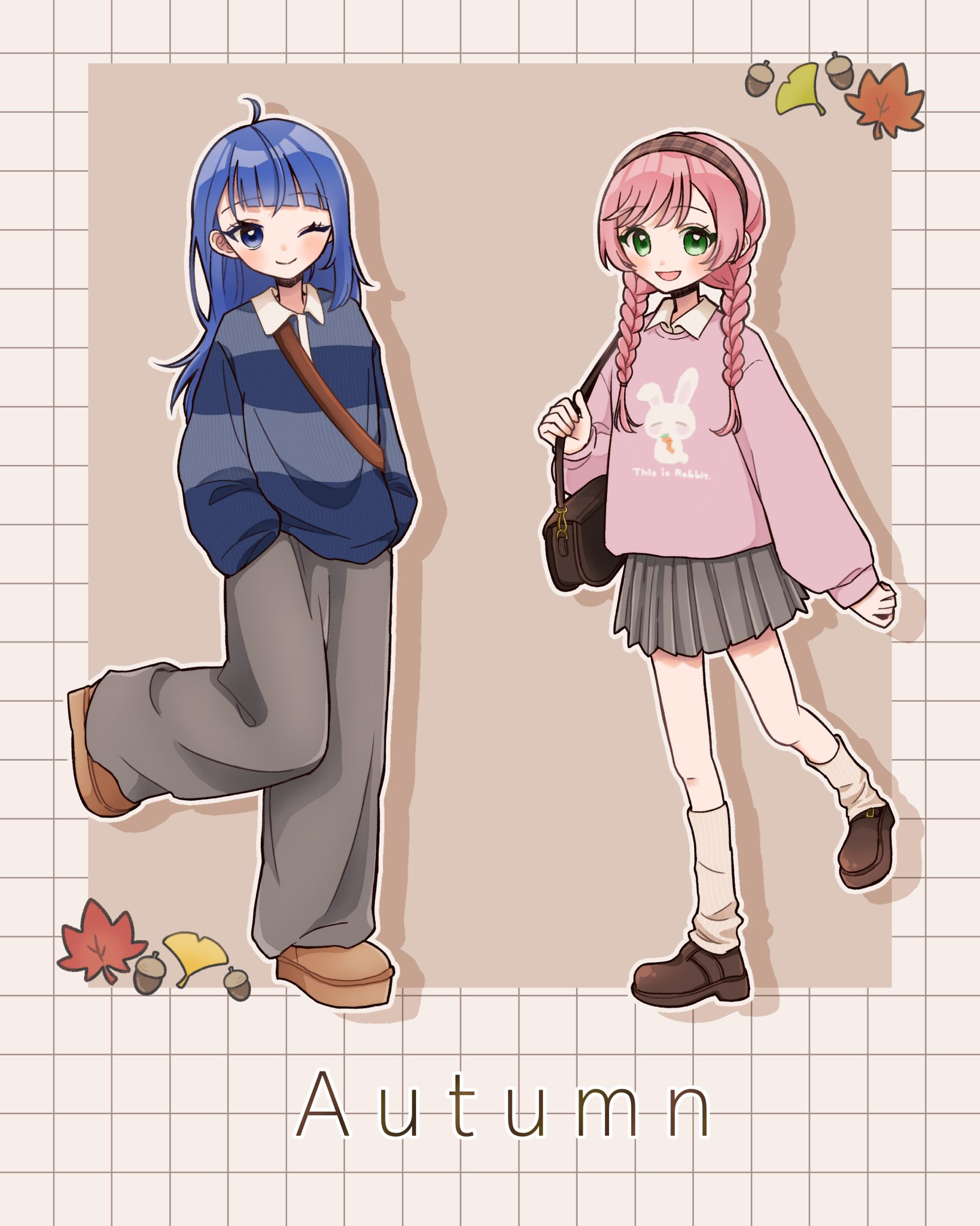 nijigaoka mashiro, sora harewataru, hirogaru sky! precure, precure, commentary, highres, 2girls, alternate hairstyle, animal print, aomi (user dwmu4274), bag, black shoes, blue eyes, blue hair, blue sweater, braid, brown shoes, carrying, casual, closed mouth, collared shirt, cut bangs, english text, green eyes, grey pants, grey skirt, hair down, hair over shoulder, handbag, leg up, long hair, long sleeves, looking at viewer, loose socks, miniskirt, multiple girls, one eye closed, open mouth, pants, pink hair, pink sweater, pleated skirt, print sweater, rabbit print, shirt, shoes, skirt, smile, socks, standing, standing on one leg, striped clothes, striped sweater, sweater, twin braids, white shirt, white socks