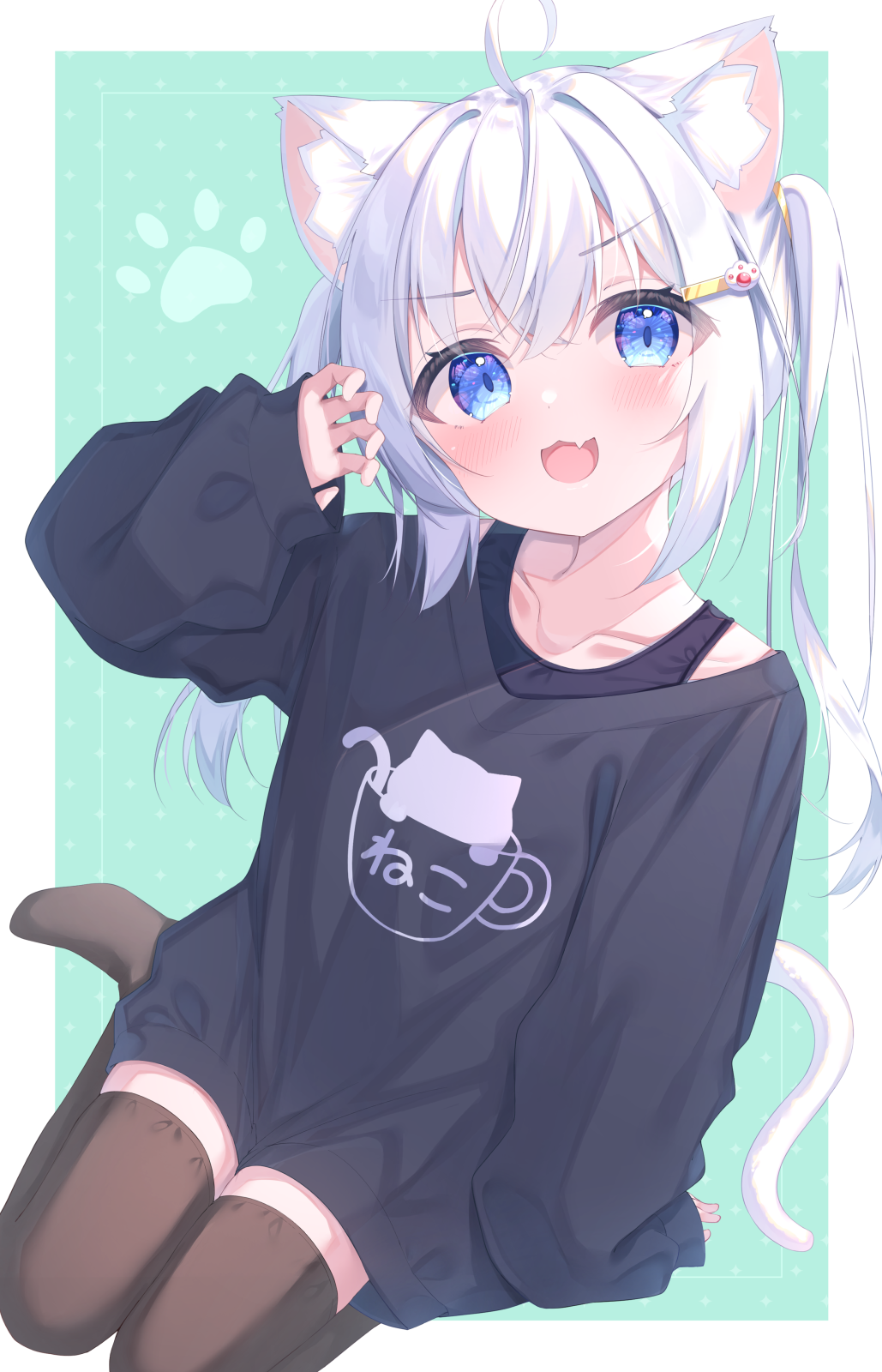 matchanear, original, highres, 1girl, animal ear fluff, animal ears, blue eyes, cat ears, cat girl, cat tail, fang, hair ornament, long sleeves, shirt, sleeves past wrists, solo, tail, thighhighs, white hair