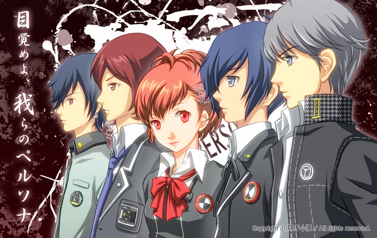 mikatsuki sarasa, narukami yu, shiomi kotone, suou tatsuya, toudou naoya, yuuki makoto (persona 3), atlus, persona, persona 1, persona 2, persona 3, persona 3 portable, persona 4, looking away, 1girl, 4boys, badge, black ribbon, blazer, blue eyes, blue hair, blue necktie, bow, bowtie, button badge, closed mouth, collared shirt, earrings, grey eyes, grey hair, hair ornament, hair over one eye, hairclip, jacket, jewelry, light smile, lineup, looking at viewer, multiple boys, neck ribbon, necktie, orange eyes, profile, red bow, red bowtie, red eyes, red hair, ribbon, school uniform, shirt, short hair, splatter, stitches, white shirt, x hair ornament