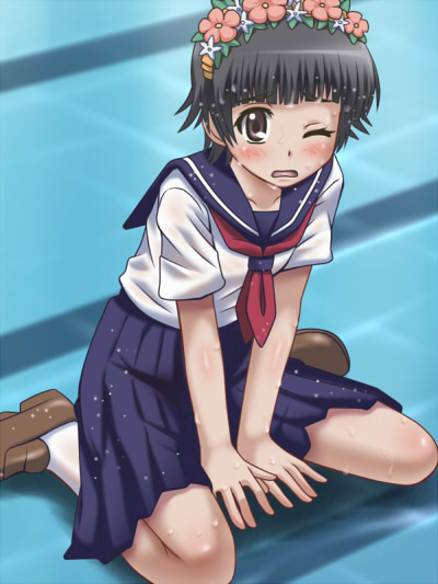 awa, uiharu kazari, toaru kagaku no railgun, toaru majutsu no index, 00s, 1girl, black hair, blush, brown eyes, female focus, head wreath, one eye closed, school uniform, serafuku, sitting, solo, wariza, wink