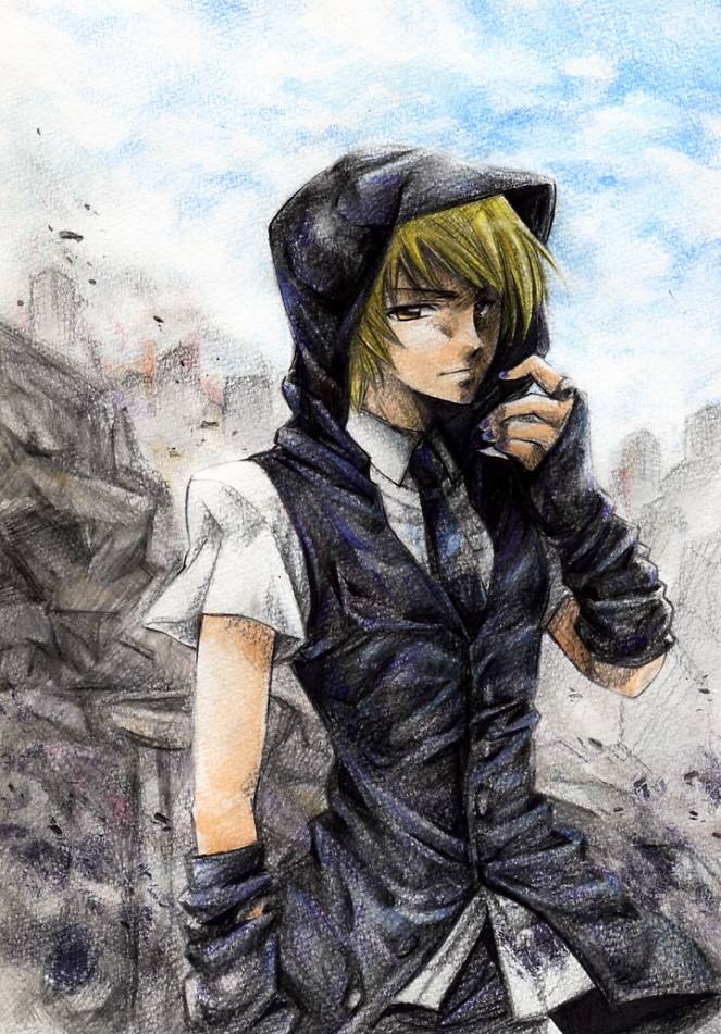 kaze tsuyu tsuchi ryuu, miguel aiman, gundam, gundam seed, t.m.revolution, bad id, bad pixiv id, traditional media, 1boy, blonde hair, cosplay, gloves, male focus, nail polish, necktie, parody, solo, voice actor connection