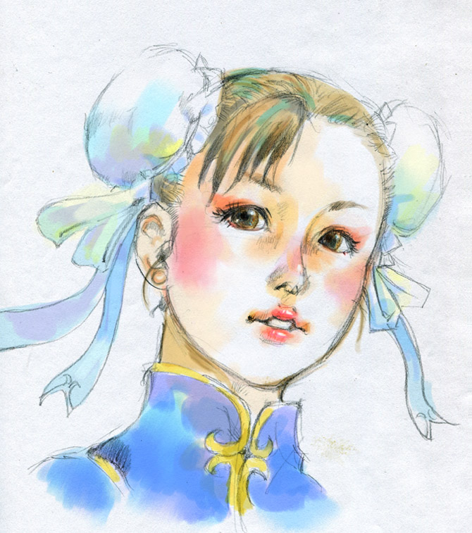 kazaana, chun-li, capcom, street fighter, painting (medium), traditional media, watercolor (medium), brown eyes, brown hair, bun cover, double bun, eyeshadow, makeup, solo