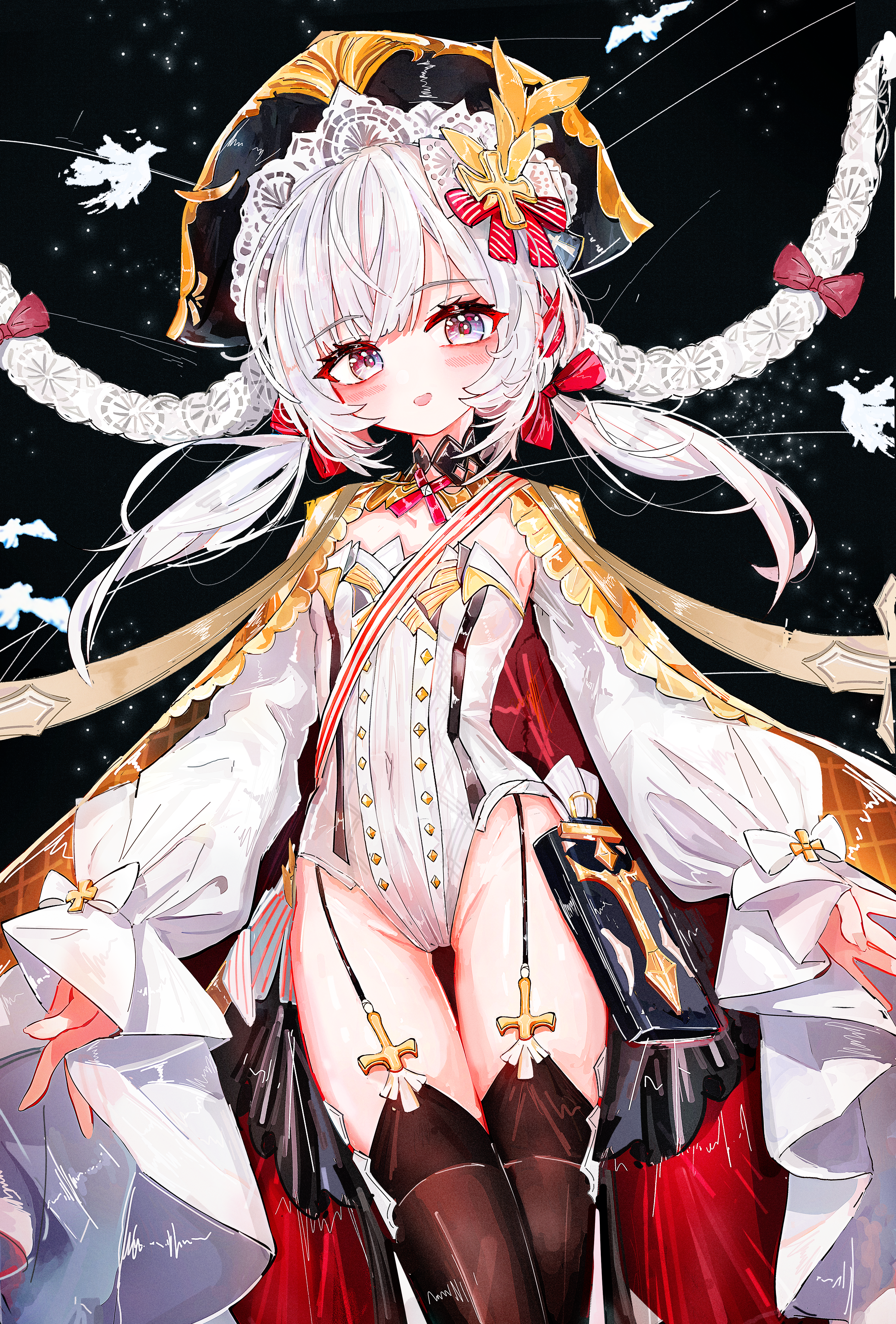 a1u, flandre (azur lane), azur lane, absurdres, commentary, highres, md5 mismatch, revision, 1girl, black thighhighs, breasts, grey eyes, groin, hat, leotard, long hair, long sleeves, looking at viewer, low twintails, open mouth, small breasts, solo, thighhighs, twintails, white hair, white leotard