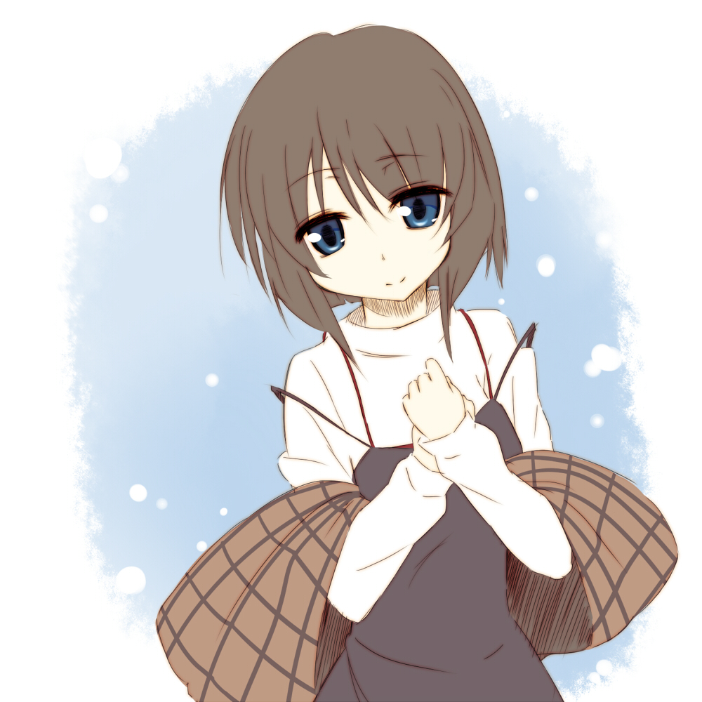 murazou (mugenloop), misaka shiori, kanon, bad id, bad pixiv id, blue eyes, brown hair, shawl, short hair, snow, solo