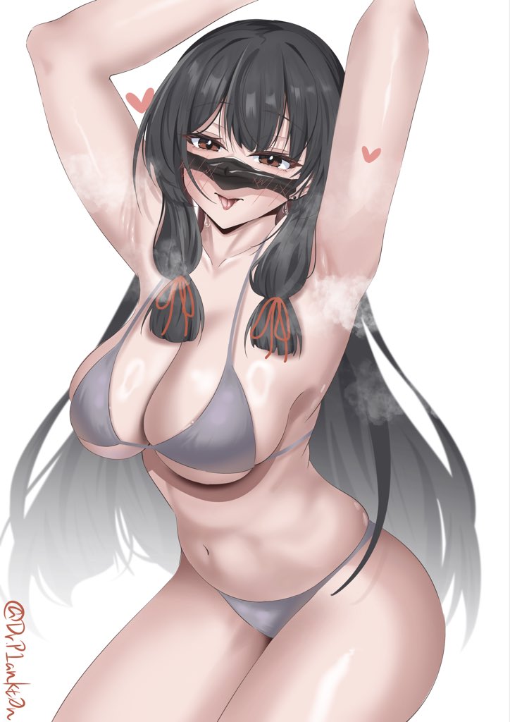 dr.plankton, isokaze (kancolle), kantai collection, 1girl, armpits, arms behind head, bikini, black hair, breasts, cleavage, cowboy shot, grey bikini, long hair, looking at viewer, micro bikini, navel, open mouth, red eyes, sideboob, simple background, solo, steaming body, swimsuit, tongue, tongue out, underboob, white background
