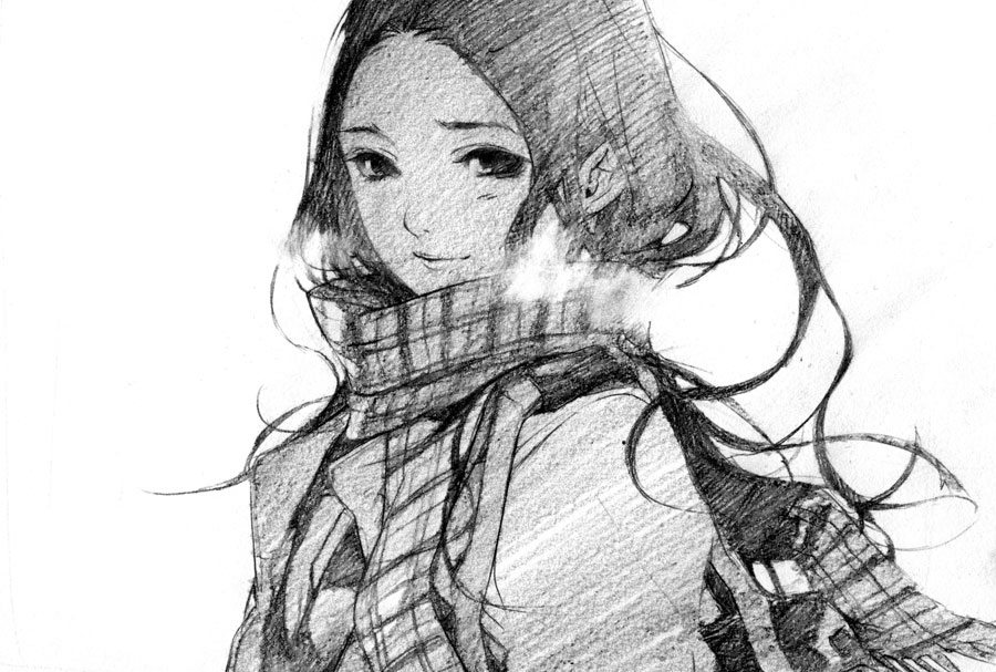 katagiri ikumi, original, graphite (medium), traditional media, 1girl, breath, female focus, greyscale, monochrome, scarf, solo, white background