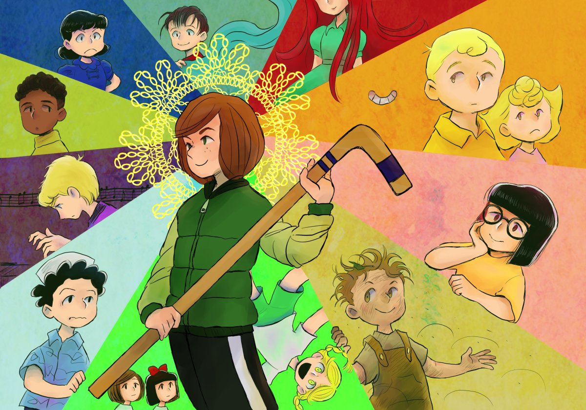 thevigil, charlie brown, franklin (peanuts), linus van pelt, little red haired girl, lucy van pelt, marcie (peanuts), peppermint patty, pig-pen, roy (peanuts), sally brown, schroeder (peanuts), peanuts (comic), character request, 6+boys, 6+girls, black hair, blanket, blonde hair, blue dress, blue shirt, brother and sister, brown hair, dark-skinned male, dark skin, dress, freckles, glasses, hat, hockey stick, holding hockey stick, long hair, multiple boys, multiple girls, puffy short sleeves, puffy sleeves, red hair, shirt, short hair, short sleeves, siblings, striped clothes, striped shirt