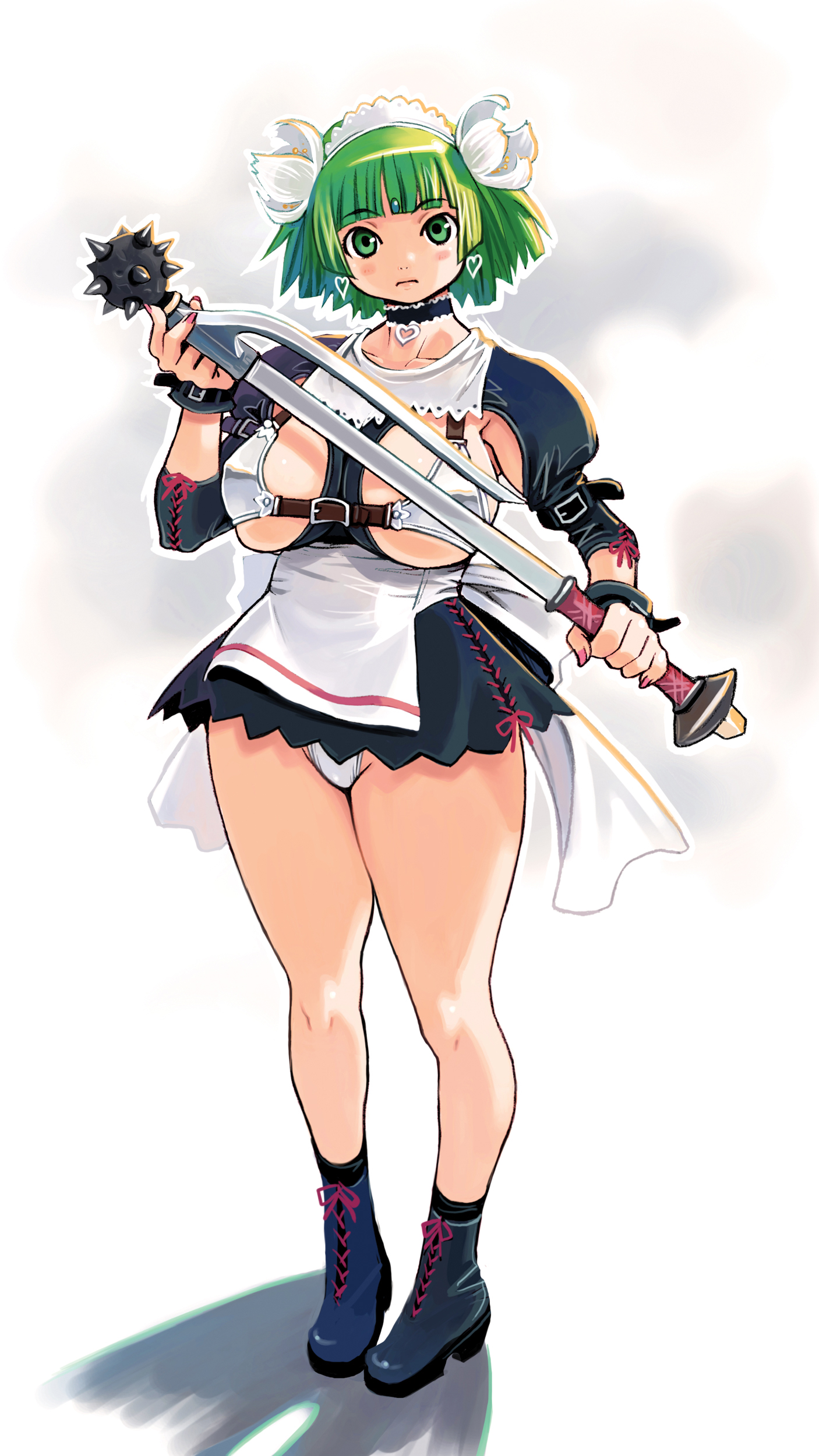 ryoji (nomura ryouji), mugen no fantasia, absurdres, highres, 1girl, breasts, choker, earrings, female focus, flail, flower, forehead jewel, full body, green eyes, green hair, headdress, jewelry, large breasts, legs, looking at viewer, mace, matching hair/eyes, miniskirt, morning star, panties, pantyshot, plump, skirt, solo, spiked mace, spikes, standing, thick thighs, thighs, underwear, weapon, wide hips