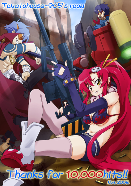 sumire (artist), urabi (tomatohouse), kamina (ttgl), simon (ttgl), yoko littner, tengen toppa gurren lagann, 00s, 1girl, 2boys, bikini, bikini top only, breasts, elbow gloves, gloves, gun, kamina shades, large breasts, multiple boys, rifle, swimsuit, thighhighs, triangular eyewear, underboob, weapon