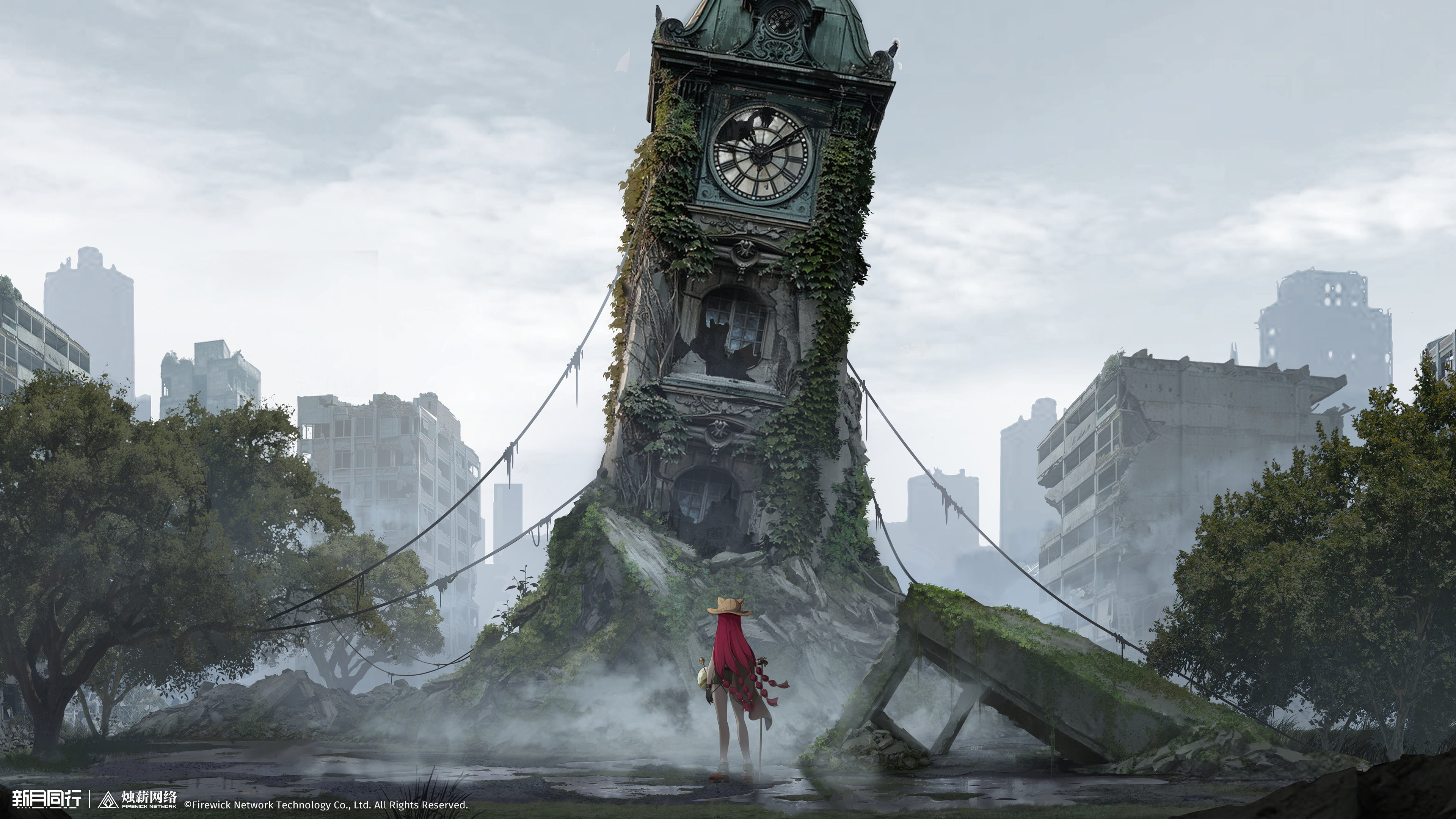 xinyue tongxing, absurdres, highres, official art, official wallpaper, 1girl, abandoned, animal ear headwear, black gloves, boots, broken window, brown cape, brown hat, brown shorts, building, cane, cape, city, clock, clock tower, copyright name, copyright notice, dilapidated, facing away, fake animal ears, fanghuo (xinyue tongxing), fog, from behind, gloves, grey sky, hat, holding, holding cane, legs apart, logo, long hair, outdoors, overcast, overgrown, plant, red boots, red hair, rubble, ruins, scenery, short shorts, shorts, side cape, sky, solo, standing, tower, tree, very long hair, vines, wide shot