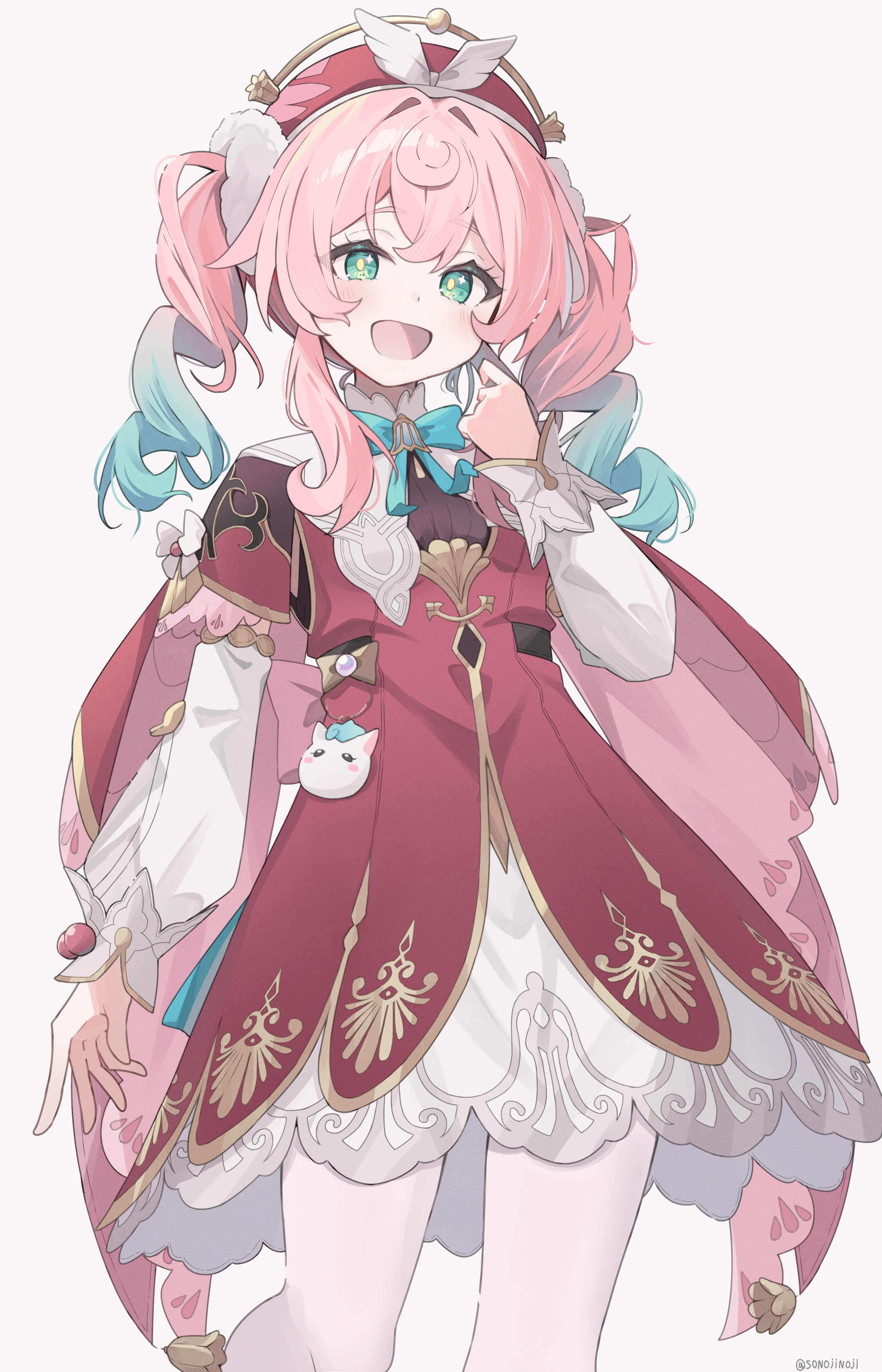 sonoji, hyacine (honkai: star rail), honkai: star rail, honkai (series), twitter, 1girl, blue eyes, blue hair, dress, looking at viewer, multicolored hair, pantyhose, pink hair, simple background, solo, twintails, two-tone hair, white background, white pantyhose