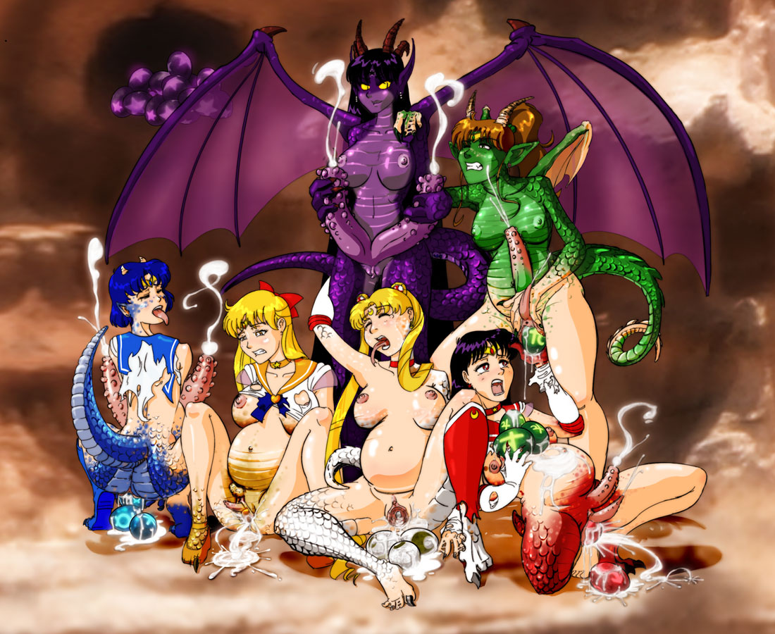 dark kaminari, aino minako, hino rei, kino makoto, mizuno ami, sailor jupiter, sailor mars, sailor mercury, sailor moon, sailor venus, tsukino usagi, bishoujo senshi sailor moon, 1990s (style), 1girl, 5futa, breasts, dragon, egg laying, extra penises, futanari, large breasts, monster girl, multiple futa, penis, retro artstyle, transformation