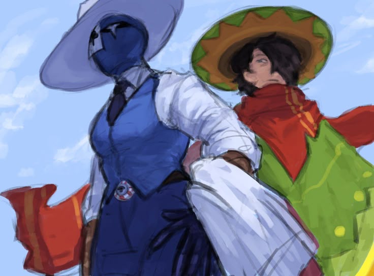 edgar (brawl stars), tara (brawl stars), brawl stars, tie, artist request, 1boy, 1girl, bandana, belt, black hair, blue sky, breasts, card, cloud, collared shirt, covered face, dark-skinned female, dark skin, formal clothes, hair over one eye, hat, holding, holding unworn clothes, jacket, medium breasts, one eye covered, open mouth, poncho, scarf, shirt, sky, sombrero, suit, suit jacket