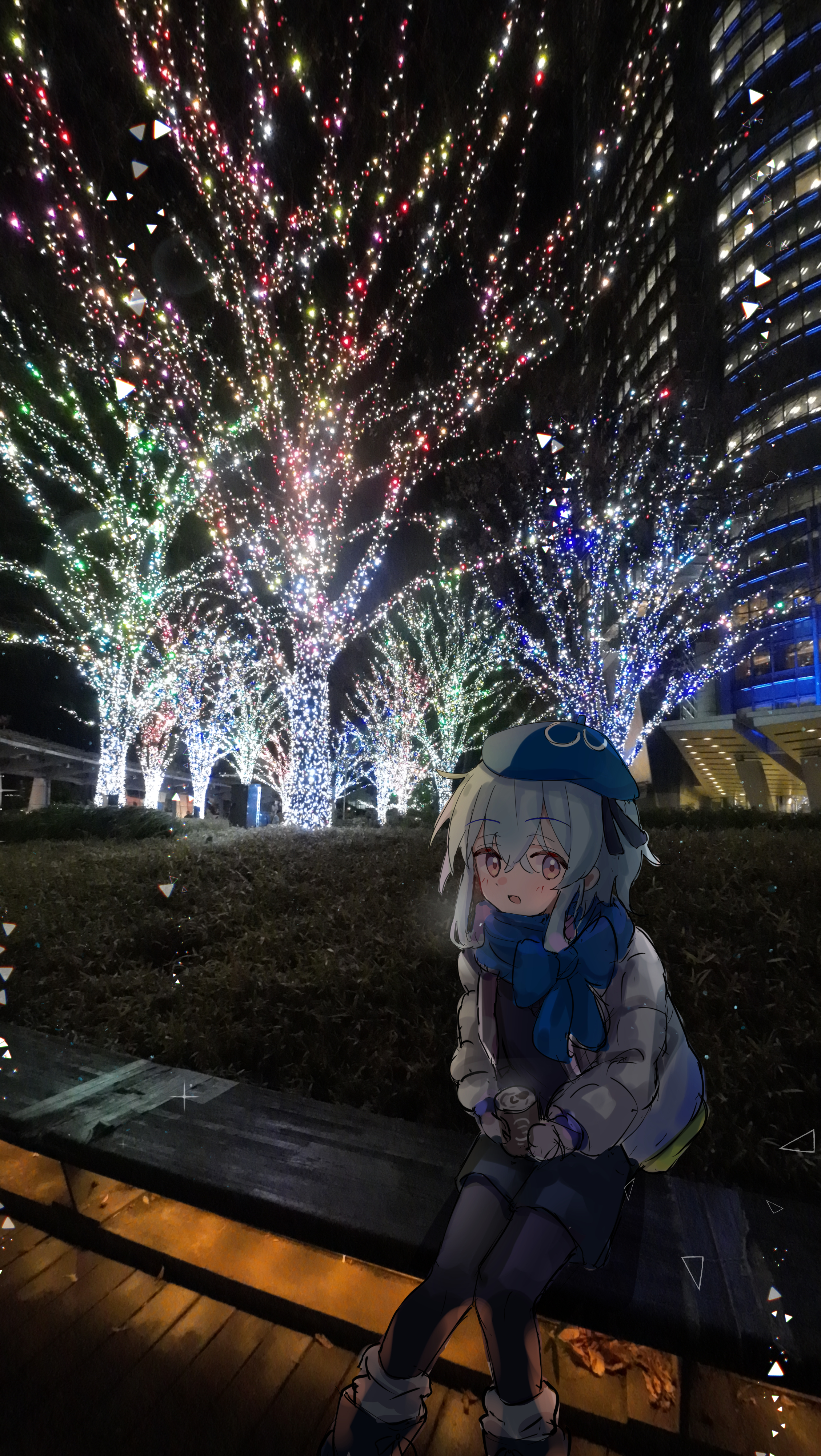 riu kawano, mizuki (arknights), arknights, absurdres, highres, 1boy, beret, blue hat, can, hat, holding, holding can, jacket, looking at viewer, male focus, open mouth, outdoors, photo background, purple eyes, sitting, sketch, solo, white jacket