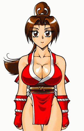 shiranui mai, snk, the king of fighters, lowres, breasts, brown eyes, brown hair, cleavage, large breasts, long hair