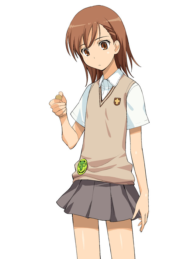 a1 (initial-g), misaka mikoto, toaru majutsu no index, 00s, 1girl, brown eyes, brown hair, female focus, school uniform, short hair, simple background, skirt, solo, sweater vest, white background