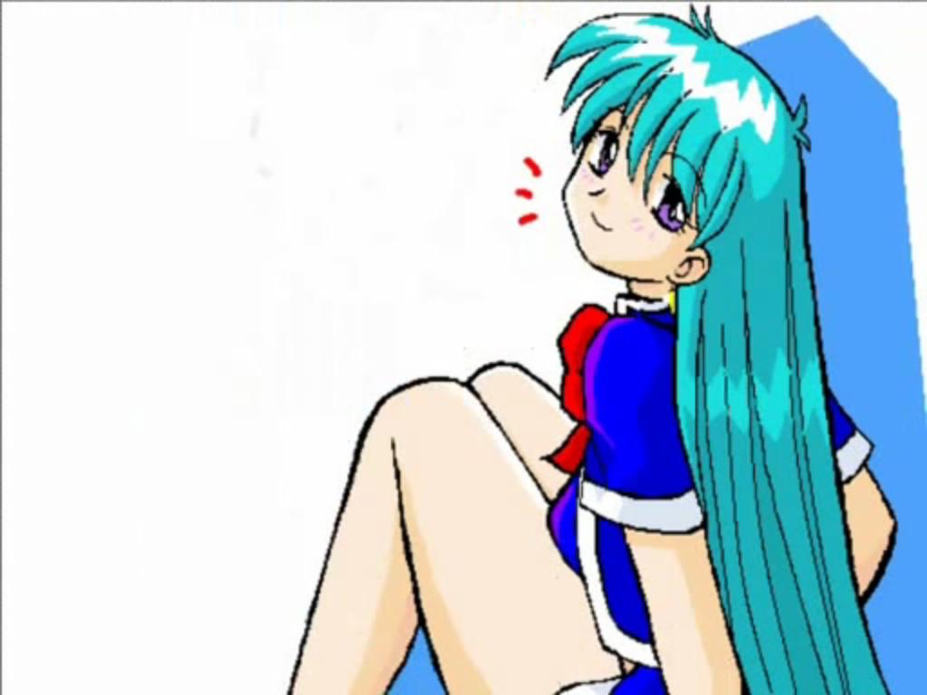 tenjouin katsura, yat anshin uchuu ryokou, tagme, 1990s (style), blue hair, dress, flight attendant, legs, long hair, miniskirt, purple eyes, retro artstyle, short dress, sitting, skirt, smile, thighs