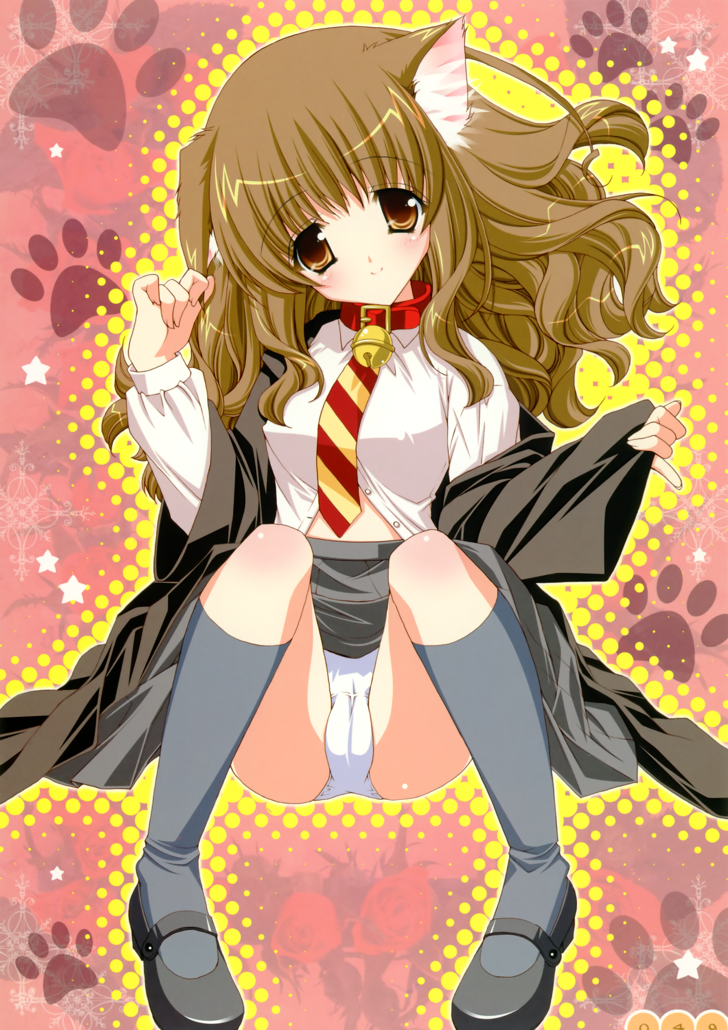 shigunyan, hermione granger, harry potter (series), wizarding world, absurdres, highres, 1girl, animal ears, animification, bell, black shoes, blush, breasts, brown eyes, brown hair, cameltoe, cat ears, cat girl, collar, covered erect nipples, dress shirt, female focus, grey skirt, grey socks, jingle bell, kneehighs, long hair, long sleeves, looking at viewer, mary janes, neck bell, necktie, panties, paw print, pink background, red necktie, shirt, shoes, sitting, skirt, small breasts, smile, socks, solo, star (symbol), star symbol background, striped clothes, striped panties, unbuttoned, underwear, white panties, white shirt