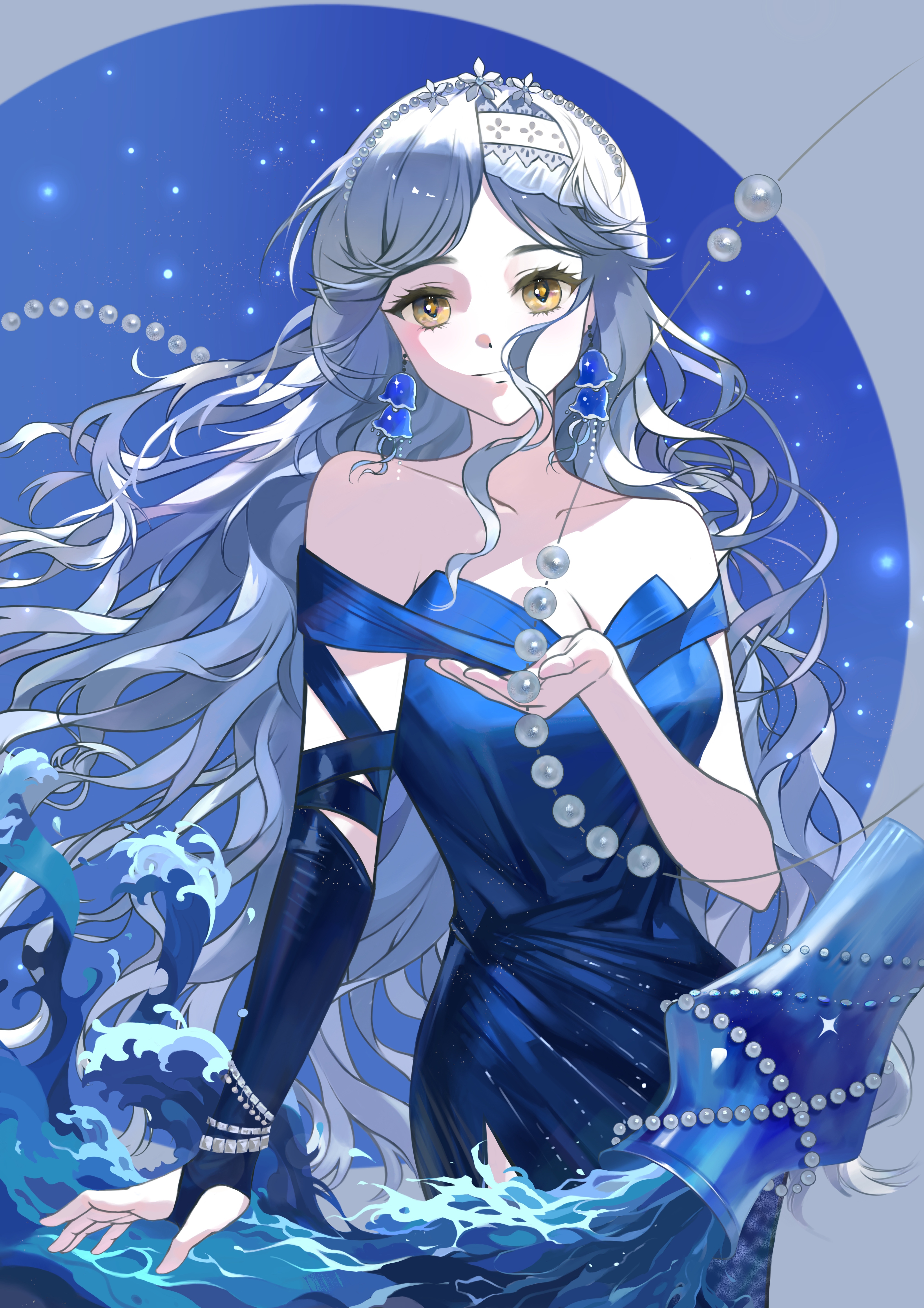 eternity (reverse:1999), reverse:1999, absurdres, highres, 1girl, bare shoulders, black bridal gauntlets, blue background, blue dress, breasts, bridal gauntlets, cleavage, closed mouth, collarbone, dress, floating hair, gem, hand up, jellyfish earrings, long hair, looking at viewer, pearl (gemstone), pouring, qingmang yelan, single bridal gauntlet, sleeveless, sleeveless dress, smile, solo, upper body, vase, very long hair, water, white hair, yellow eyes