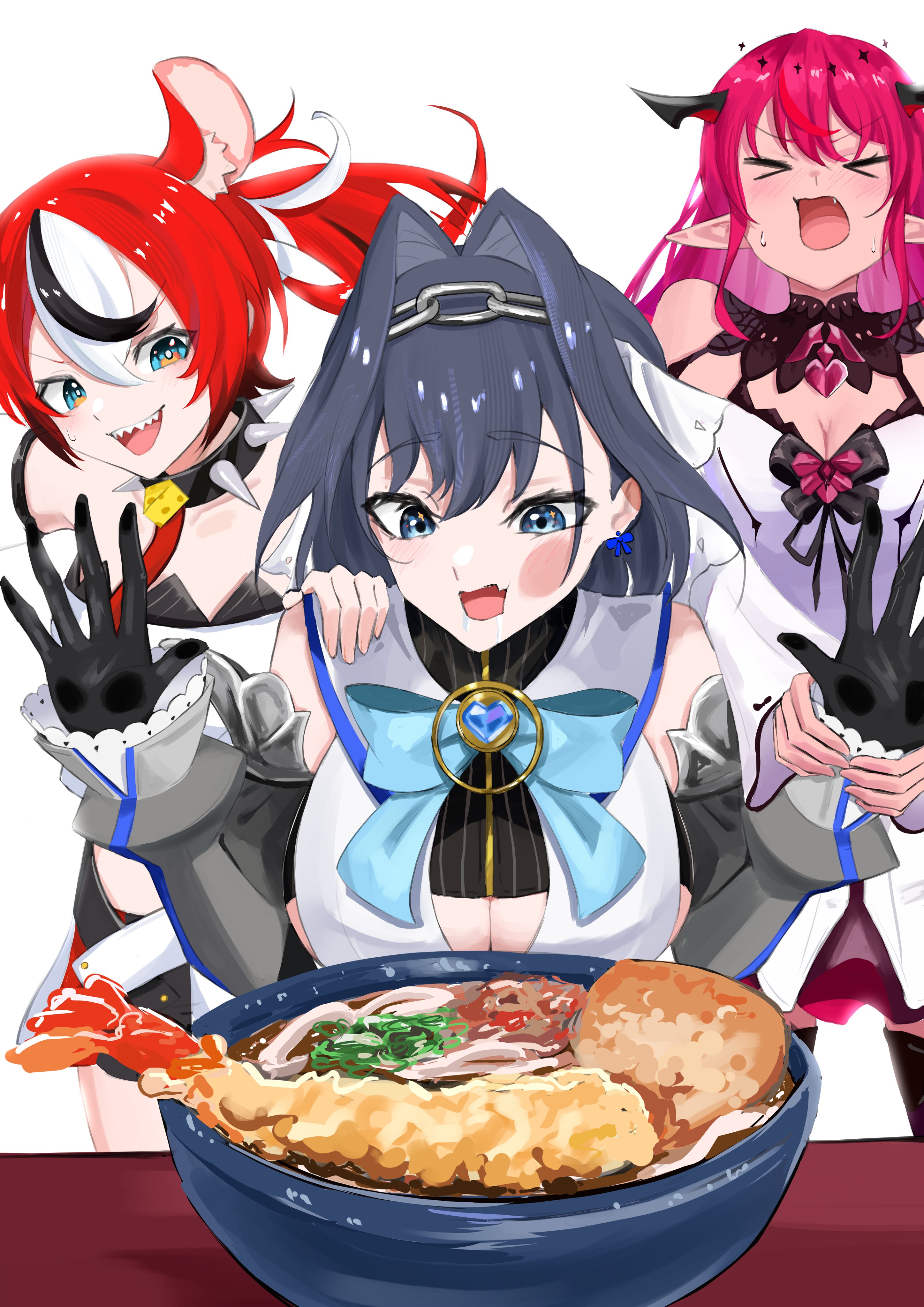 kyouraku, hakos baelz, hakos baelz (1st costume), irys (hololive), irys (irys 2.0) (hololive), ouro kronii, ouro kronii (1st costume), hololive, hololive english, holopromise, absurdres, commentary, highres, > <, 3girls, against glass, animal ear fluff, animal ears, bare shoulders, black gloves, black hair, black shirt, black streaks, blue eyes, bow, bow earrings, bowl, breasts, brooch, chain, cheek press, cheese, choker, cleavage, cropped shirt, demon horns, detached sleeves, double-parted bangs, dress, drooling, earrings, fang, food, gloves, hair between eyes, hair intakes, halo, hand on another's shoulder, hand on glass, heart, heart brooch, holding another's wrist, horns, hungry, jewelry, juliet sleeves, key, large breasts, long sleeves, medium breasts, mouse ears, mouse girl, multicolored hair, multicolored skirt, multiple girls, noodles, open mouth, pointy ears, puffy sleeves, pulling arm, red hair, ribbon, sailor collar, saliva, sharp teeth, shirt, shrimp, shrimp tempura, skin fang, skirt, sleeveless, sleeveless dress, sleeveless shirt, spiked choker, spikes, standing, star halo, sweat, teeth, tempura, thighhighs, twintails, udon, uneven twintails, v-shaped eyebrows, virtual youtuber, white background, white dress, white hair