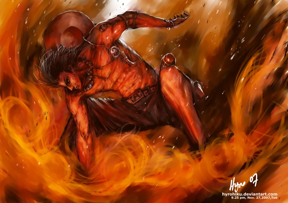 hyrohiku, portgas d. ace, one piece, 1boy, belt, black hair, fighting stance, fire, hat, hat on back, jewelry, knife, male focus, muscular, necklace, shorts, solo, spread legs, standing, tattoo, topless male