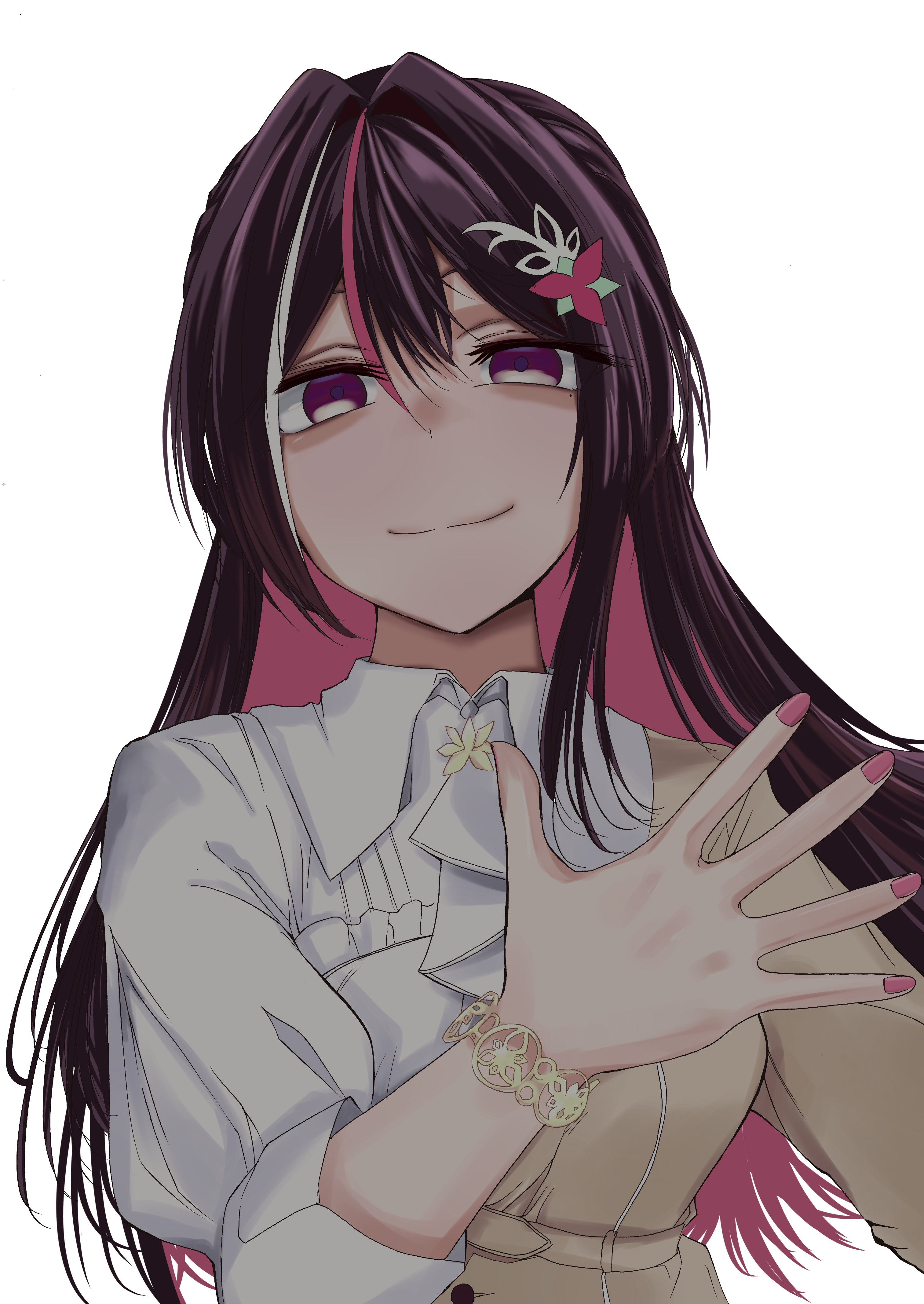 zero80236835117, azki (1st costume) (hololive), azki (hololive), hololive, hololive grand theft auto, absurdres, commentary request, highres, 1girl, collared dress, colored inner hair, dot nose, dress, greyscale, hair between eyes, hair ornament, long hair, long sleeves, looking at viewer, monochrome, multicolored hair, nail polish, pink hair, pink nails, purple eyes, purple hair, simple background, smile, virtual youtuber