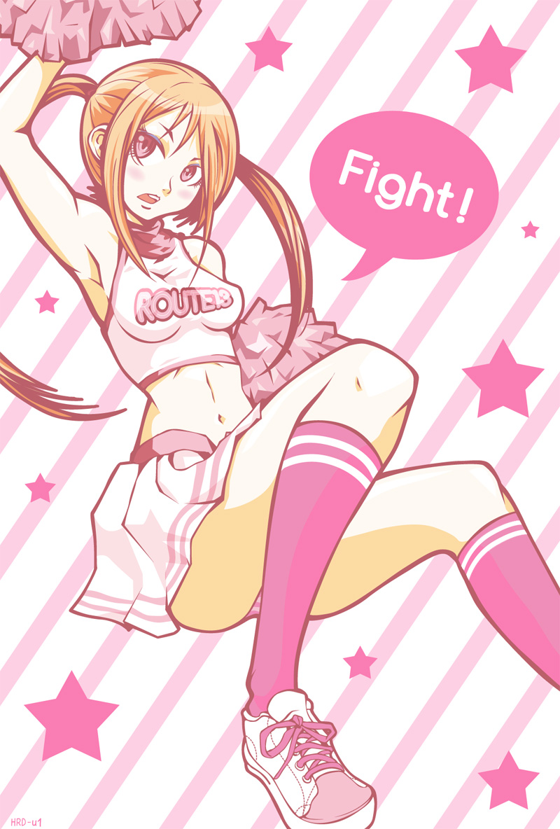 harada yuuichi, original, armpits, bare shoulders, cheerleader, halterneck, kneehighs, legs, midriff, navel, panties, pom pom (cheerleading), shoes, skirt, sneakers, socks, solo, star (symbol), striped clothes, striped panties, twintails, underwear