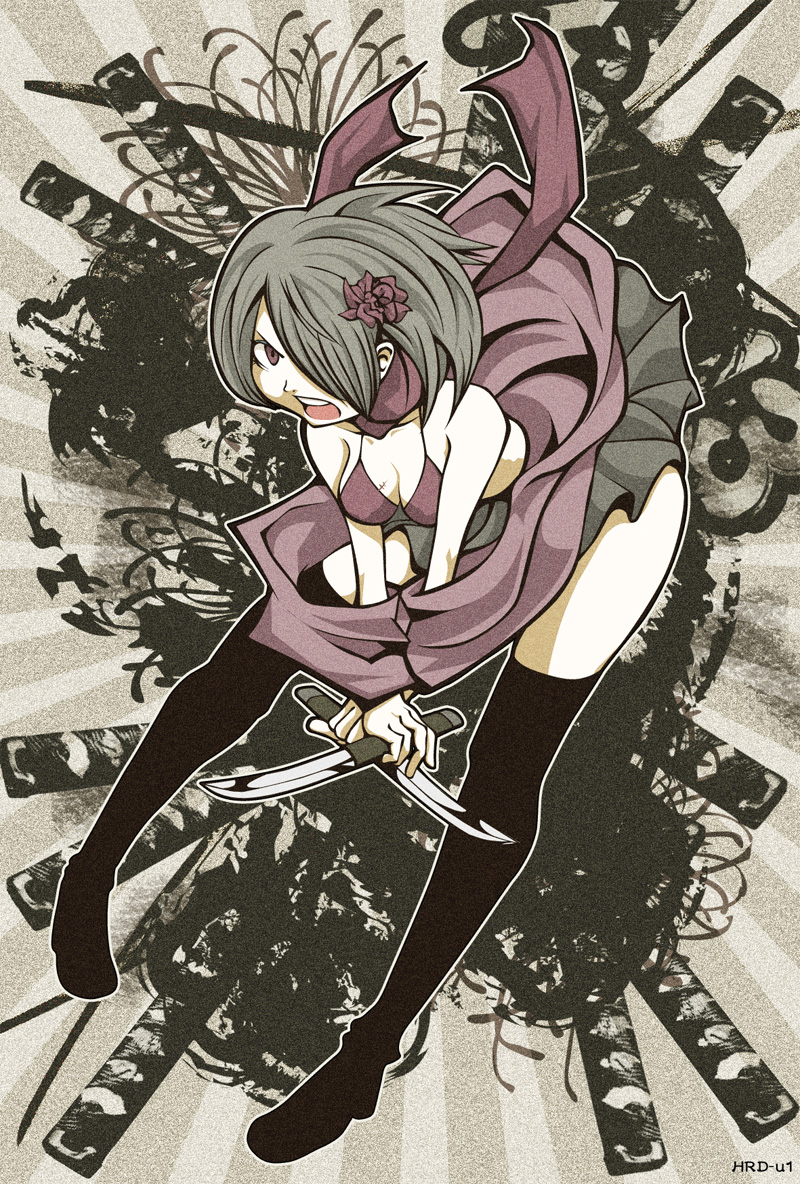 harada yuuichi, original, 1girl, bare shoulders, bikini, bikini top only, breasts, cleavage, female focus, flower, grey hair, hair flower, hair ornament, hair over one eye, knife, kodachi, legs, purple eyes, reverse grip, scar, short sword, skirt, solo, swimsuit, sword, thighhighs, weapon