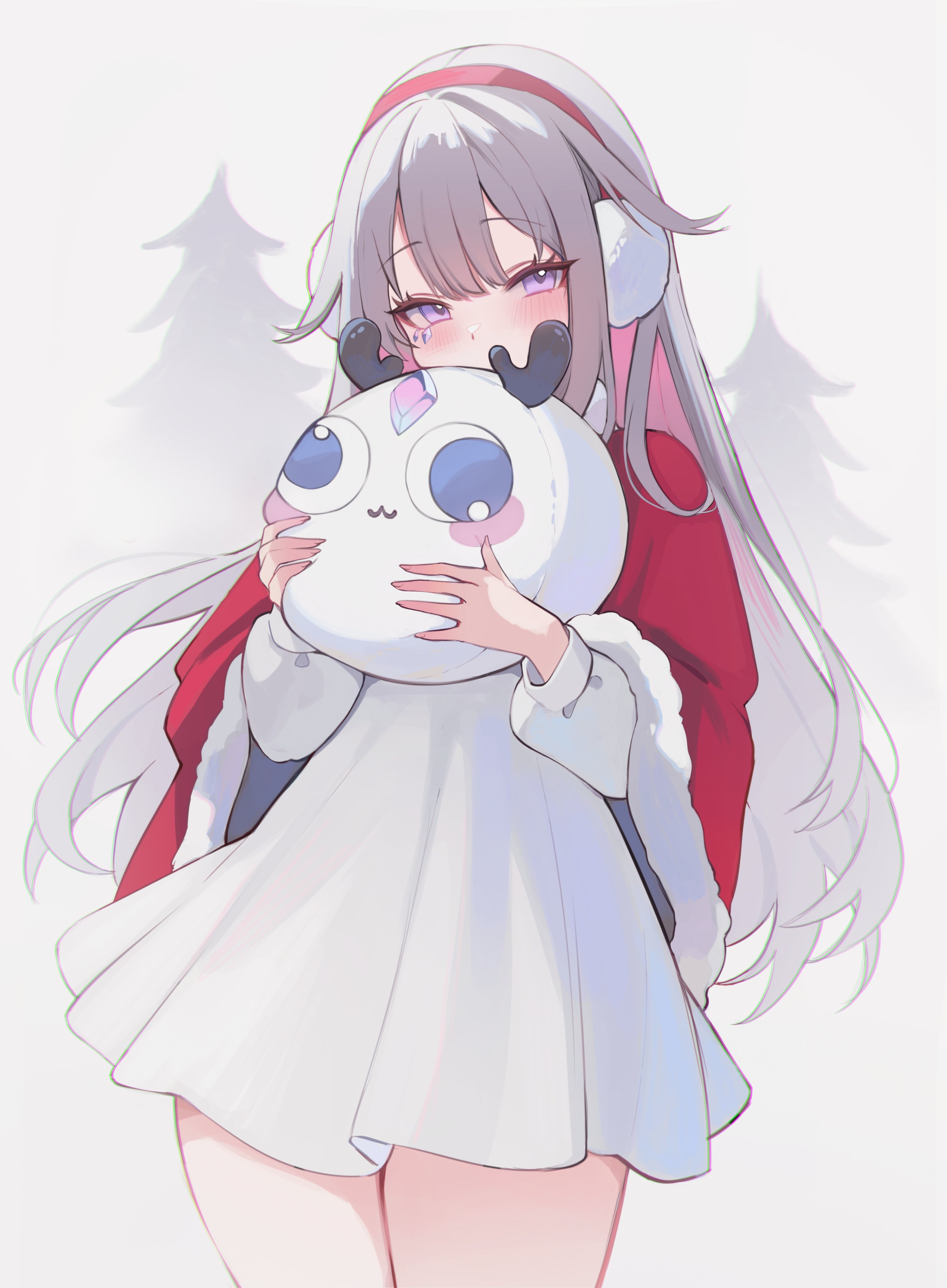 koahri, koseki bijou, pebble (koseki bijou), hololive, hololive english, absurdres, commentary, english commentary, highres, textless version, 1girl, alternate costume, center-flap bangs, cloak, colored inner hair, cowboy shot, double-parted bangs, dress, earmuffs, fur-trimmed cloak, fur trim, gradient hair, grey hair, hair flaps, holding, jewel under eye, long hair, looking at viewer, multicolored hair, pink hair, purple eyes, red cloak, short dress, simple background, solo, very long hair, virtual youtuber, white background, white dress