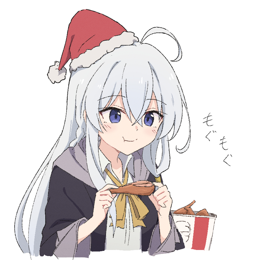 shiroirosky, elaina (majo no tabitabi), kfc, majo no tabitabi, translation request, 1girl, :t, ahoge, black jacket, blue eyes, blush, bow, bowtie, bucket, chicken (food), collared shirt, cropped torso, crossed bangs, double-parted bangs, dress, food, fried chicken, fur-trimmed headwear, fur trim, hair between eyes, hat, jacket, long hair, loose bowtie, red hat, santa hat, shirt, sidelocks, simple background, smile, solo, white background, white hair, white shirt, yellow bow, yellow bowtie