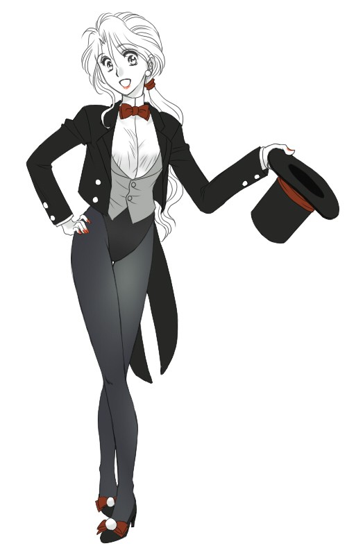soranokaze15, rosa farrell, final fantasy, final fantasy iv, 1990s (style), bow, bowtie, coat, earrings, hat, high heels, jewelry, long hair, magician, pantyhose, ponytail, shoes, smile, top hat, vest