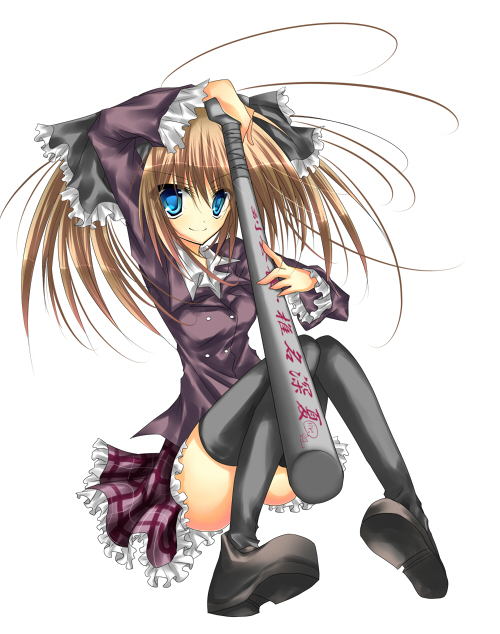 asakura hayate, shiina minatsu, seitokai no ichizon, 00s, baseball bat, blue eyes, brown hair, legs, school uniform, solo, thighhighs, twintails