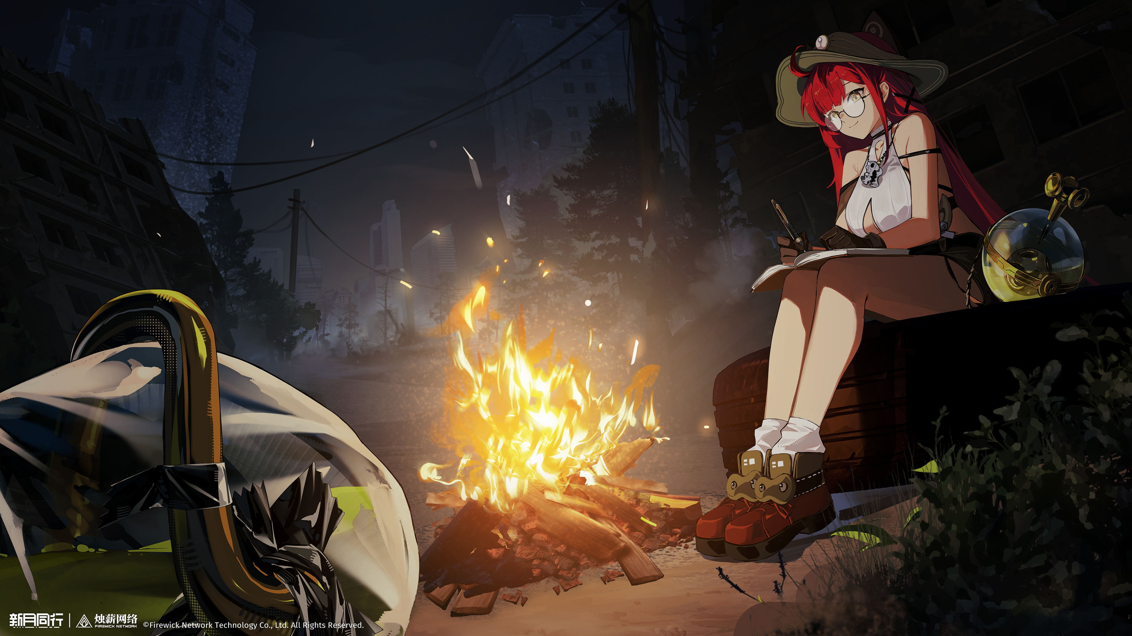 xinyue tongxing, absurdres, highres, official art, official wallpaper, 1girl, ahoge, animal ear headwear, ankle boots, bare shoulders, black gloves, boots, breasts, brown hat, brown shorts, campfire, city, cleavage cutout, closed mouth, clothing cutout, copyright name, copyright notice, fake animal ears, fanghuo (xinyue tongxing), full body, glasses, gloves, hat, holding, holding pen, jewelry, large breasts, logo, long hair, night, notebook, outdoors, pen, pendant, plant, red boots, red hair, round eyewear, ruins, shirt, short shorts, shorts, sitting, sleeveless, sleeveless shirt, smile, socks, solo, tree, unused tire, utility pole, very long hair, white socks, writing, yellow eyes