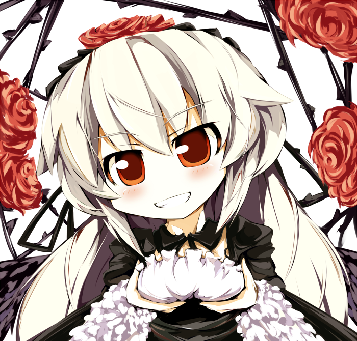 kurokoge013, suigintou, rozen maiden, bad id, bad pixiv id, 00s, 1girl, blush, breasts, dress, female focus, flower, frills, grabbing another's breast, grin, groping, hairband, long hair, red eyes, rose, smile, solo, white hair