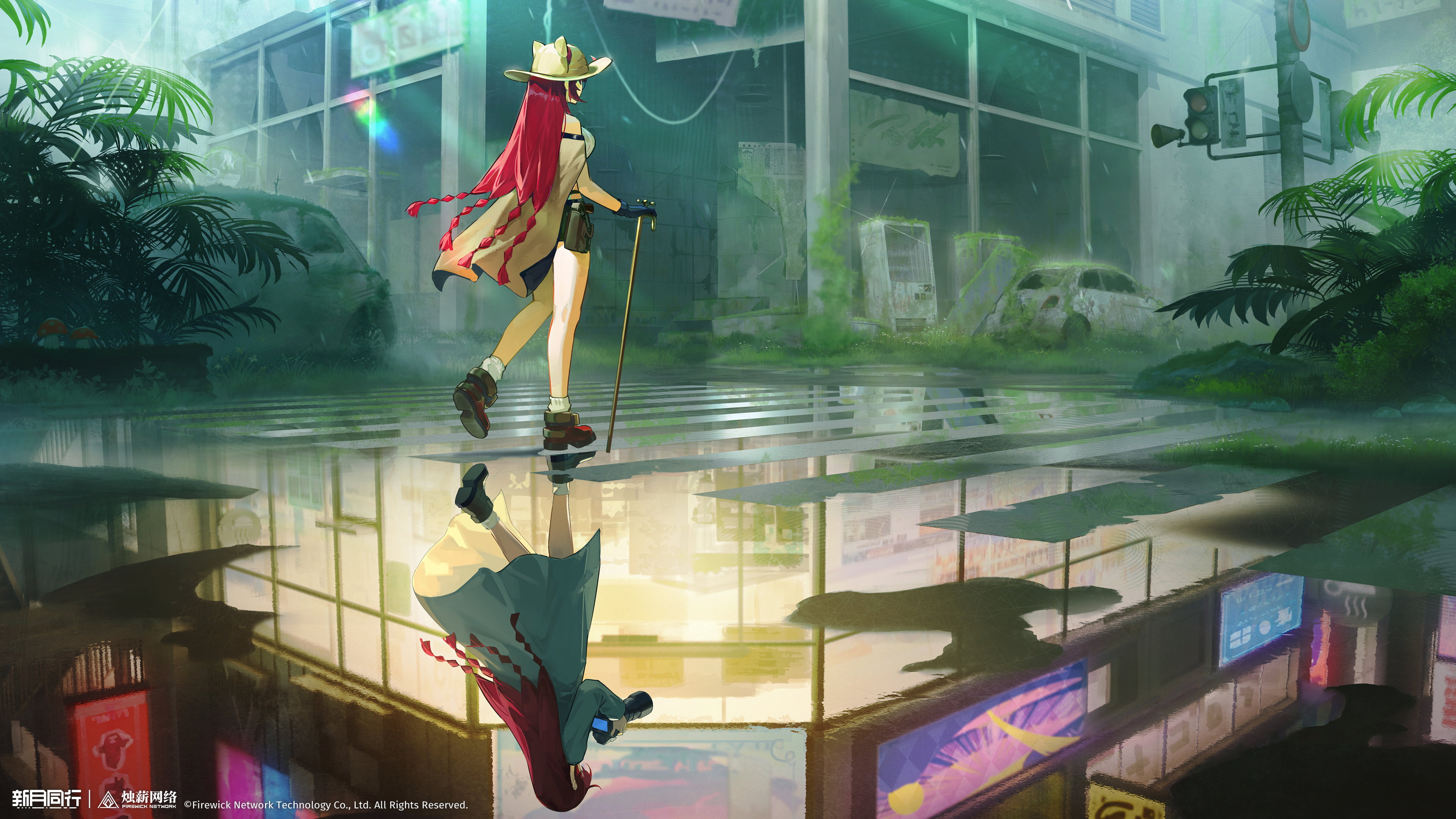 xinyue tongxing, absurdres, highres, official art, official wallpaper, 1girl, abandoned, ankle boots, black gloves, boots, broken window, brown cape, brown hat, brown shorts, camera, cane, cape, car, coat, copyright name, copyright notice, crosswalk, different reflection, fanghuo (xinyue tongxing), from behind, full body, gloves, grey coat, hat, holding, holding camera, holding cane, logo, long hair, motor vehicle, outdoors, overgrown, puddle, quad braids, red boots, red hair, reflection, reflective liquid, road sign, ruins, scenery, short shorts, shorts, sign, socks, solo, traffic light, very long hair, walking, white socks