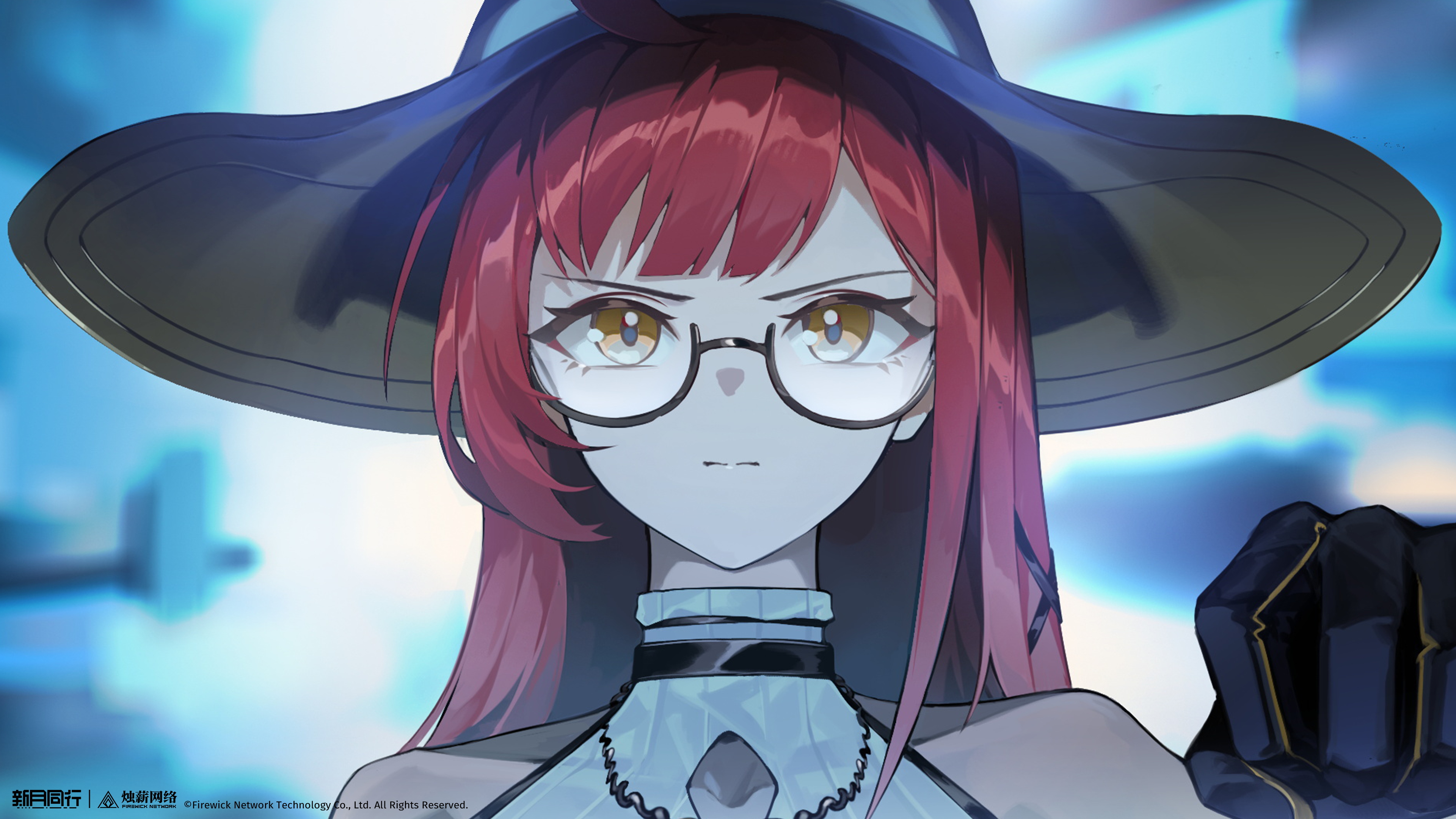 xinyue tongxing, absurdres, highres, official art, official wallpaper, 1girl, ahoge, bare shoulders, black gloves, blue background, blurry, blurry background, brown hat, closed mouth, copyright name, copyright notice, fanghuo (xinyue tongxing), glasses, gloves, hand up, hat, logo, long hair, looking at viewer, portrait, red hair, round eyewear, semi-rimless eyewear, shirt, sleeveless, sleeveless shirt, solo, straight-on, under-rim eyewear, v-shaped eyebrows, yellow eyes
