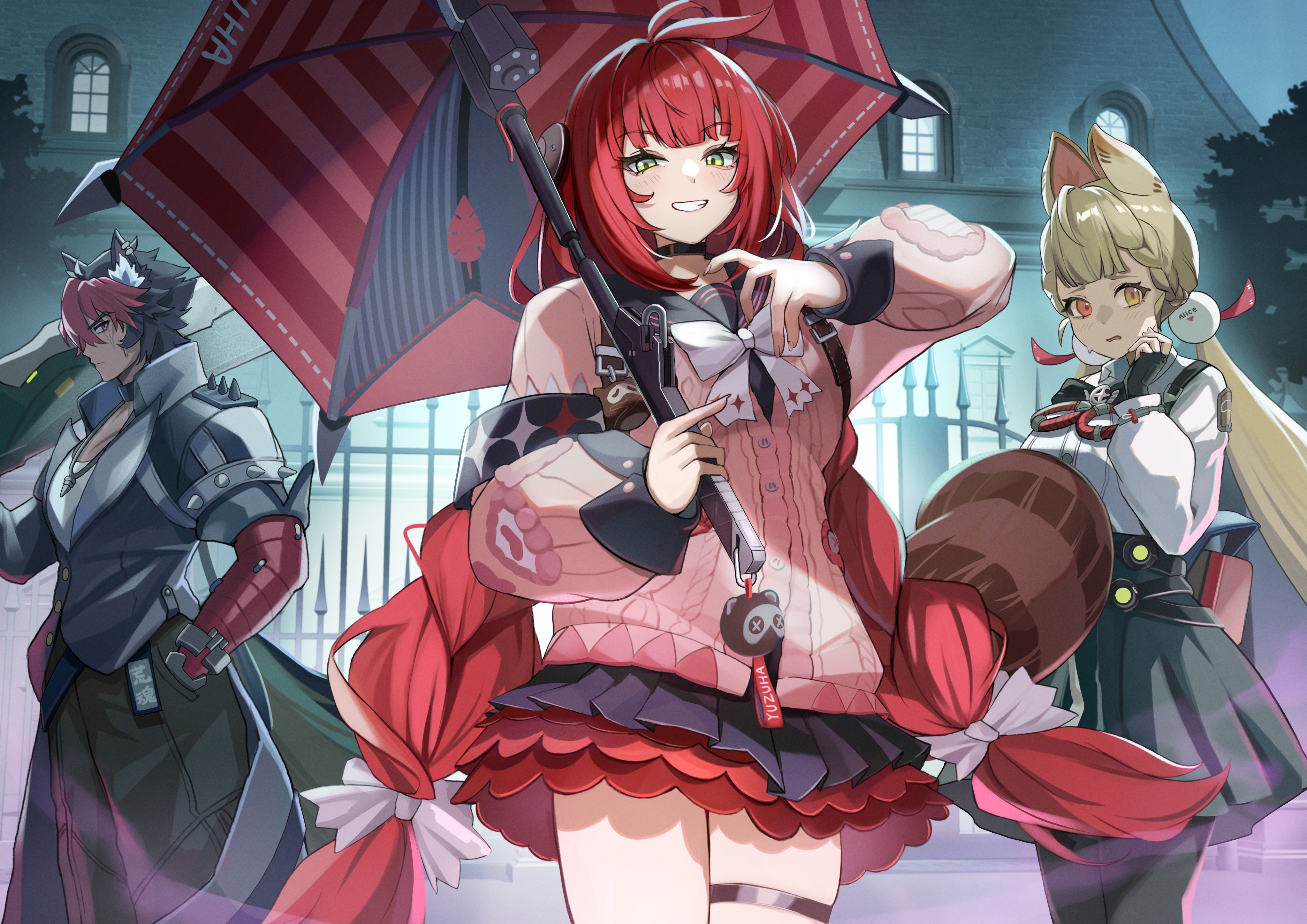 yutoriko (candy0905), alice thymefield, komano manato, ukinami yuzuha, zenless zone zero, absurdres, commentary request, highres, 1boy, 2girls, animal ears, black choker, black coat, black gloves, black hair, black pants, black sailor collar, black serafuku, black skirt, blonde hair, bow, bowtie, braid, braided twintails, cardigan, choker, coat, fingerless gloves, gloves, green eyes, grin, hair bow, hand in pocket, heterochromia, holding, holding umbrella, jewelry, layered skirt, long sleeves, multicolored hair, multiple girls, necklace, night, outdoors, pants, pink cardigan, pleated skirt, rabbit ears, rabbit girl, red eyes, red hair, sailor collar, school uniform, serafuku, shirt, skirt, smile, thigh strap, two-tone hair, umbrella, white bow, white bowtie, white shirt, yellow eyes