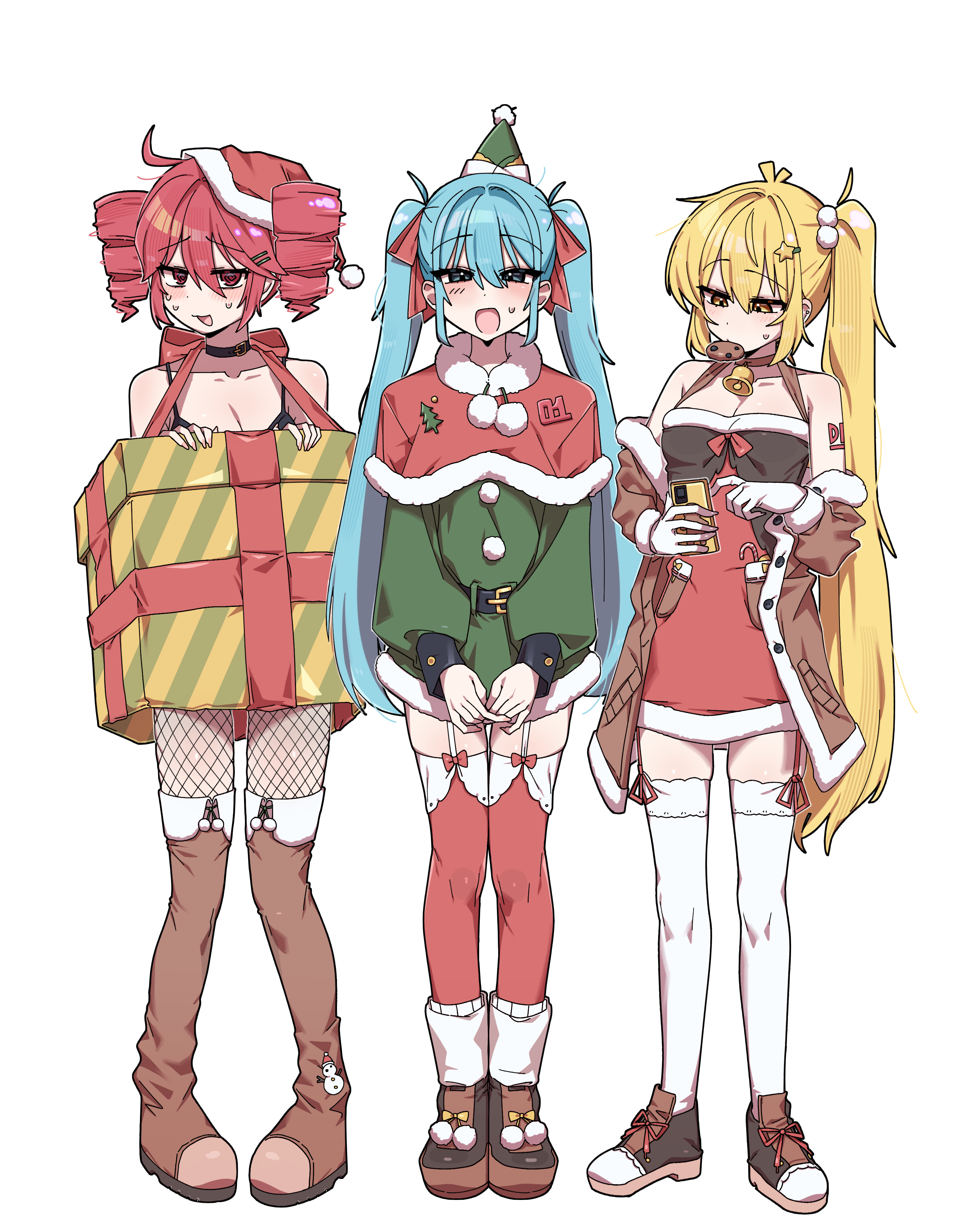 akita neru, hatsune miku, kasane teto, utau, vocaloid, absurdres, highres, 3girls, ahoge, antenna hair, aqua hair, arm tattoo, bare shoulders, bell, black bra, blonde hair, boots, bow, box, bra, breasts, brown boots, brown coat, brown shoes, capelet, cellphone, christmas, cleavage, closed mouth, coat, collar, cookie, danchoo, dress, drill hair, fishnet pantyhose, fishnets, food, garter straps, gift, gift box, green shirt, hair bow, hair ornament, hairclip, hat, holding, holding phone, long hair, long sleeves, looking at viewer, looking down, mini hat, mouth hold, multiple girls, neck bell, off shoulder, open mouth, pantyhose, phone, pom pom (clothes), puffy long sleeves, puffy sleeves, red eyes, red hair, santa hat, shirt, shoes, short hair, side ponytail, sleeveless, sleeveless dress, small breasts, smartphone, standing, star (symbol), star hair ornament, sweatdrop, tattoo, thigh boots, thighhighs, twin drills, twintails, underwear, white thighhighs, your present is me