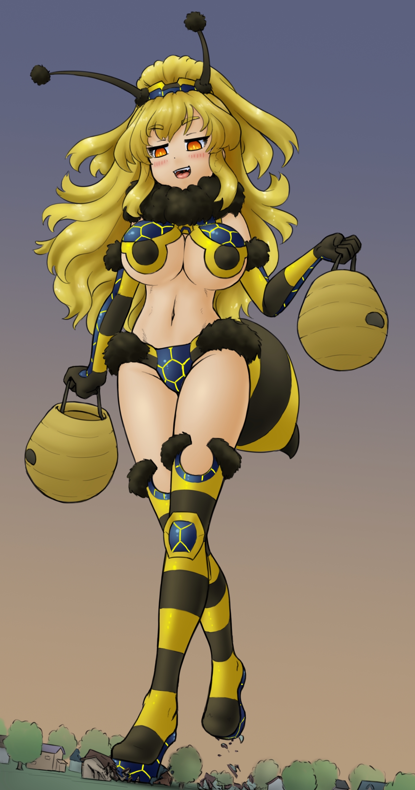 alloyrabbit, yellow heart (neptunia), neptune (series), absurdres, highres, 1girl, alternate costume, antennae, basket, bee costume, bikini, blonde hair, blush, boots, breasts, cleavage, destruction, elbow gloves, fake antennae, fangs, fur trim, giant, giantess, gloves, hair ornament, halloween costume, high ponytail, holding, holding basket, house, large breasts, multicolored bikini, multicolored gloves, navel, open mouth, orange eyes, ponytail, power symbol, power symbol-shaped pupils, solo, striped clothes, striped gloves, striped thighhighs, swimsuit, symbol-shaped pupils, teeth, thigh boots, thighhighs, tree, underboob, upper teeth only, walking