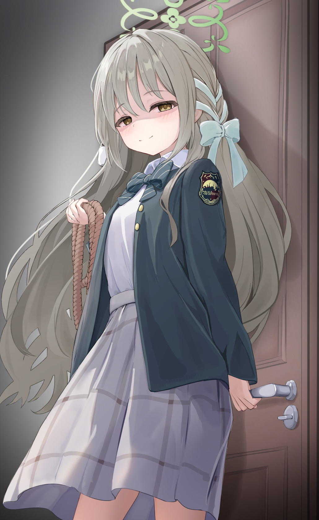 miyo (blue archive), blue archive, twitter, 1girl, brown eyes, brown hair, door, halo, looking at viewer, looking back, maruabcm, multicolored hair, rope, school uniform, skirt, smile, solo, two-tone hair, yandere