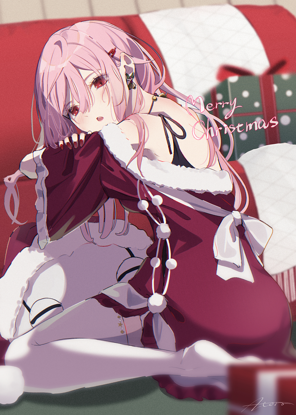 a-tora, fyu-neru, yuzuriha inori, guilty crown, commentary, highres, 1girl, 1other, alternate costume, bare shoulders, blurry, blurry background, christmas, christmas present, earrings, gift, hair between eyes, hair ornament, hairclip, jewelry, long hair, looking at viewer, merry christmas, necklace, necktie, off shoulder, pink hair, red eyes, red necktie, signature, solo focus, thighhighs, upper body, white thighhighs