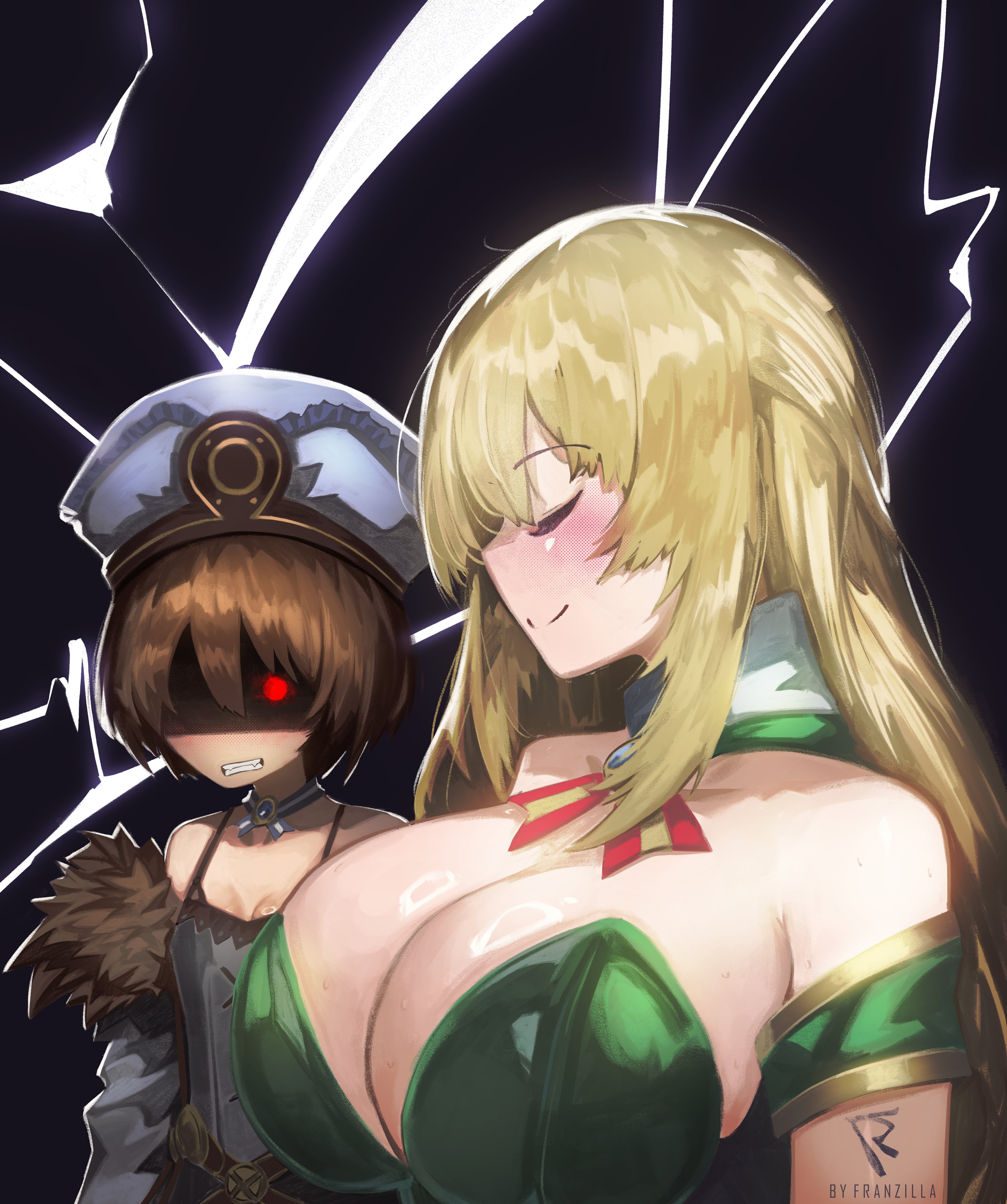 franzilla, blanc (neptunia), vert (neptunia), neptune (series), absurdres, highres, 2girls, angry, bare shoulders, black background, blonde hair, blue ribbon, blush, breast envy, breasts, brown hair, cleavage, clenched teeth, closed eyes, detached collar, detached sleeves, dress, fur-trimmed jacket, fur trim, green dress, hat, huge breasts, jacket, long hair, multiple girls, red-eye effect, red ribbon, ribbon, shaded face, short hair, small breasts, smile, smug, strapless, strapless dress, teeth, white dress, white hat