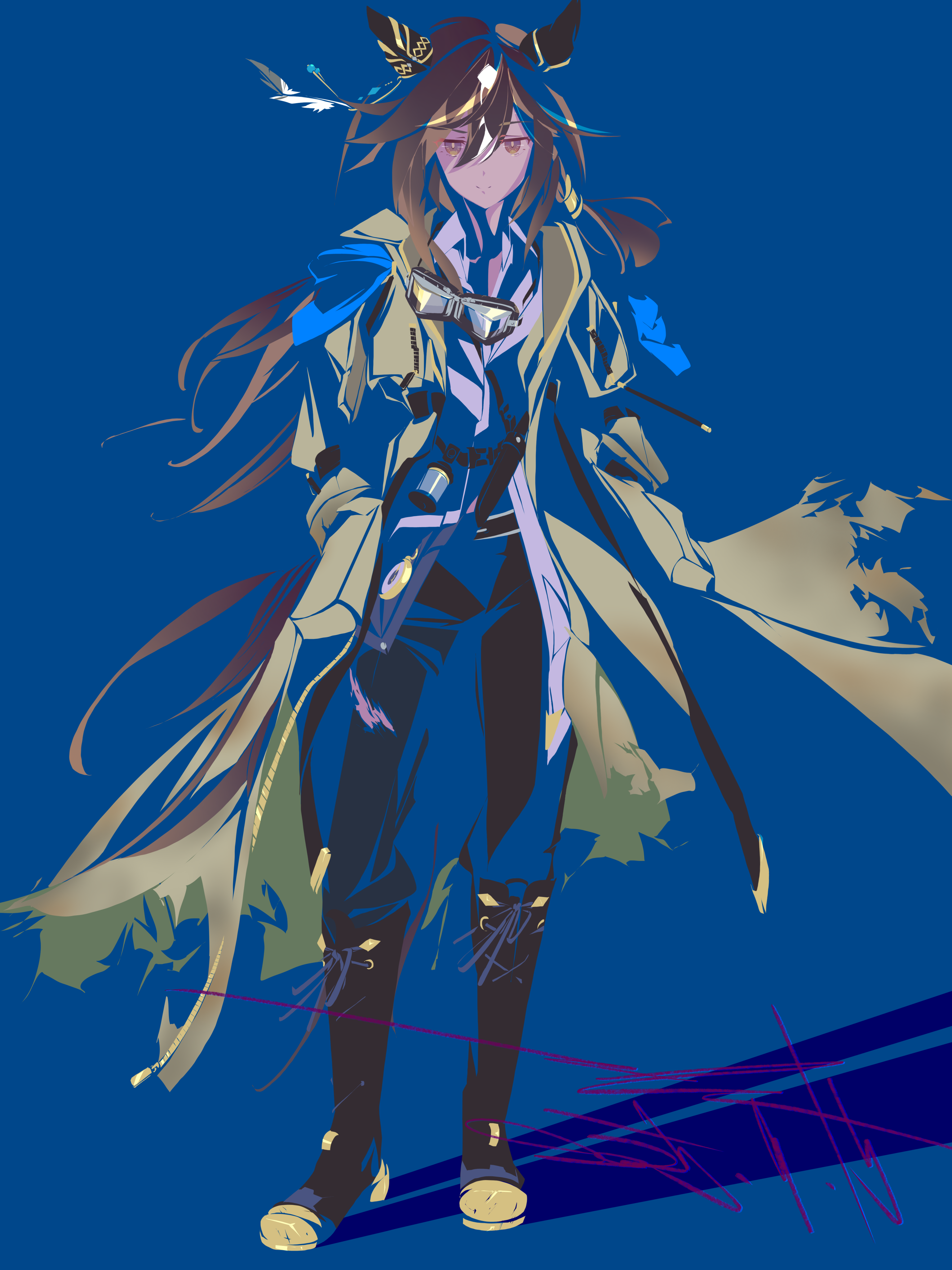 echoo, stay gold (umamusume), umamusume, absurdres, commentary request, highres, animal ears, black boots, blue background, blue pants, boots, brown coat, brown hair, coat, collared shirt, double-parted bangs, dress shirt, ear covers, full body, goggles, goggles around neck, gradient eyes, hair between eyes, hands up, horse ears, horse girl, knee boots, limited palette, long hair, long sleeves, multicolored eyes, multicolored hair, open clothes, open coat, pants, purple eyes, shadow, shirt, sidelocks, signature, simple background, standing, stay gold (sunlit outsider) (umamusume), streaked hair, white hair, white shirt, yellow eyes