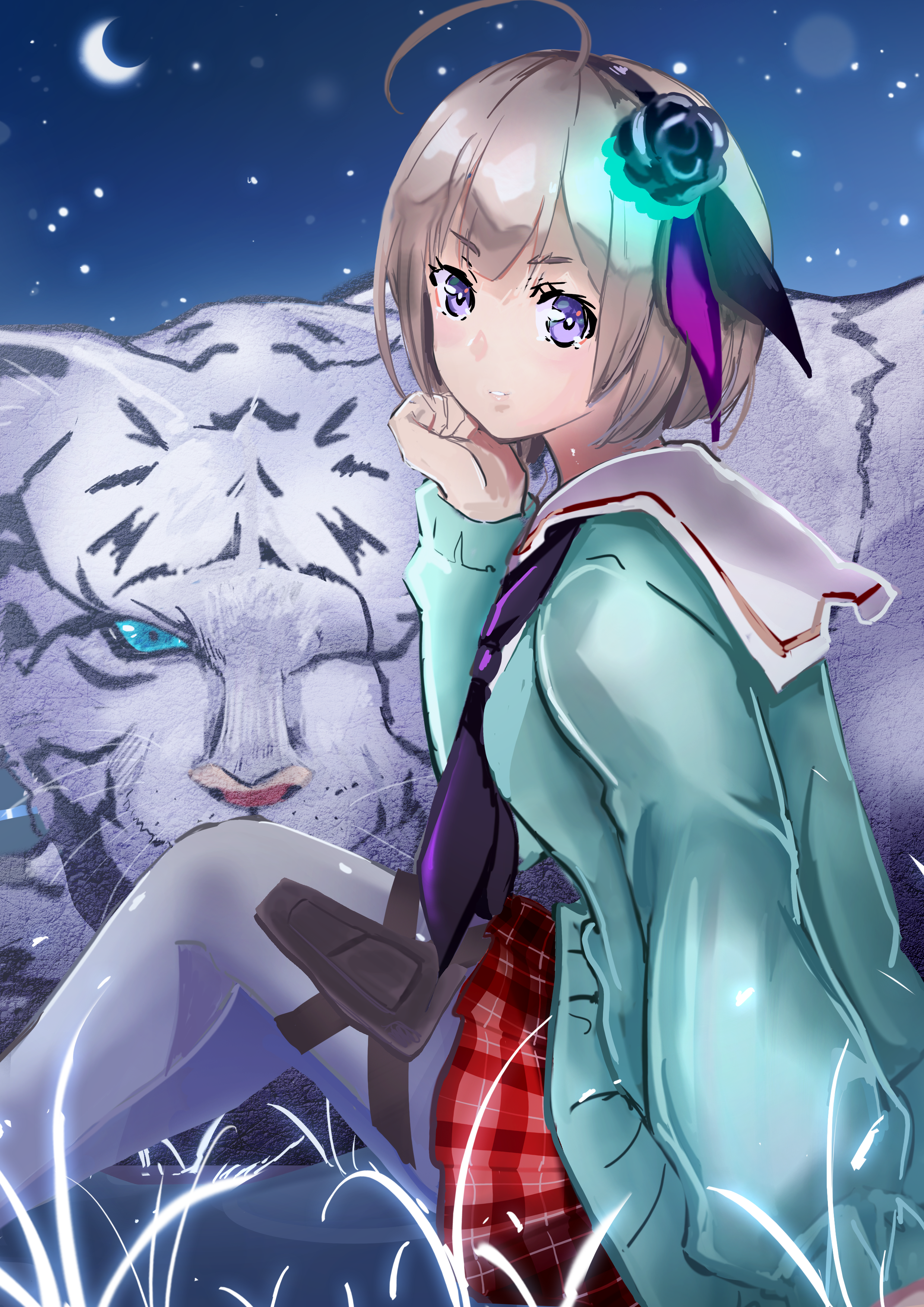 eririntrap, byakko (heaven burns red), minase sumomo, heaven burns red, absurdres, highres, 1girl, 1other, ahoge, animal, black flower, blue eyes, cardigan, crescent moon, flower, grass, hair flower, hair ornament, hairband, head rest, holster, long sleeves, looking at viewer, moon, neckerchief, night, night sky, on grass, on ground, pantyhose, plaid clothes, plaid skirt, purple eyes, red skirt, rose, sailor collar, school uniform, serafuku, short hair, sitting, skirt, sky, star (sky), starry sky, tiger, white sailor collar, white tiger