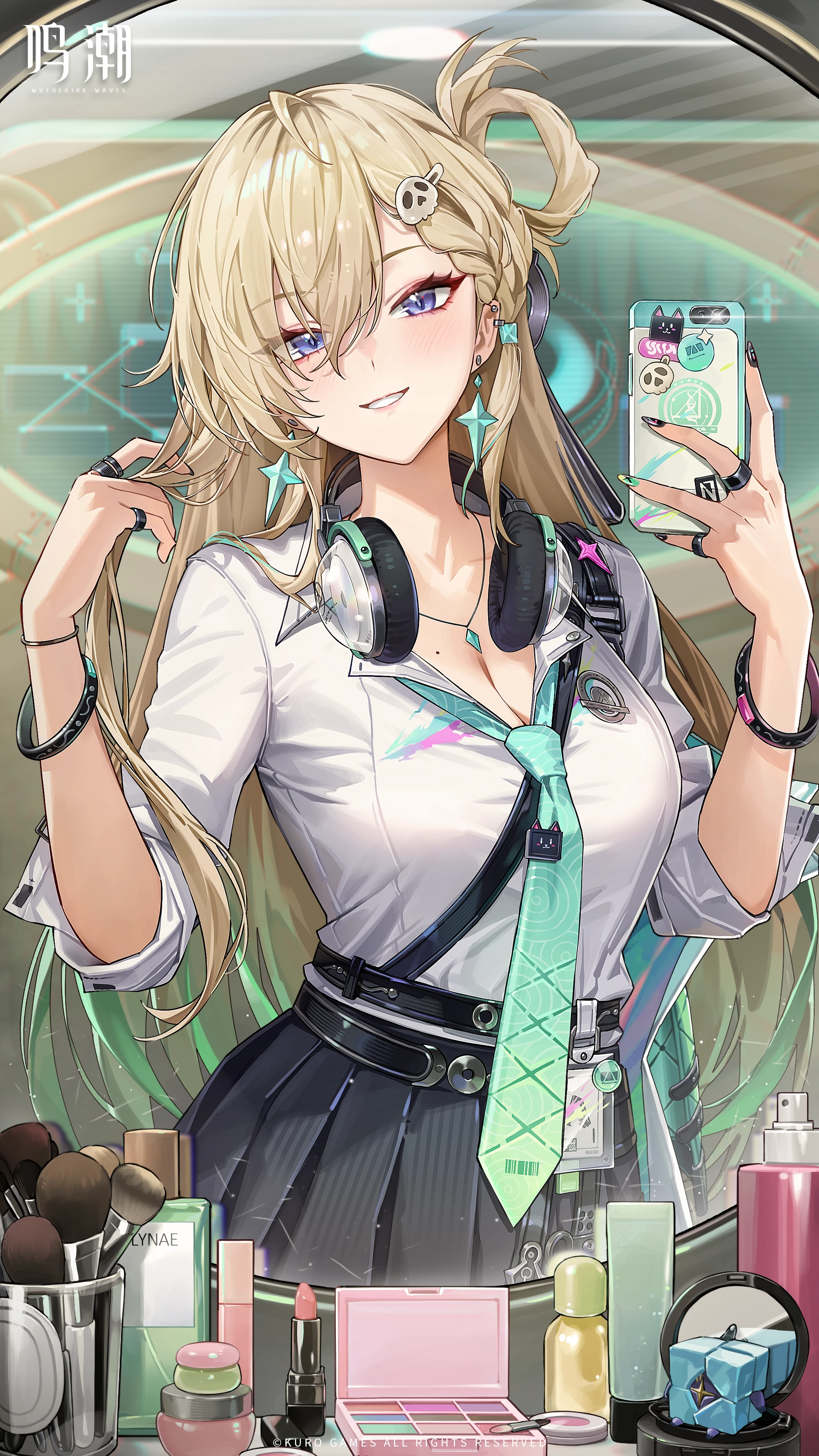 lynae (wuthering waves), wuthering waves, absurdres, chinese commentary, commentary request, highres, official art, 1girl, aqua necktie, black skirt, blonde hair, blush, breasts, cellphone, cleavage, cosmetics, earrings, fingernails, gradient hair, green hair, hair between eyes, hair ornament, hands up, headphones, headphones around neck, holding, holding phone, id card, indoors, jewelry, logo, long hair, looking at viewer, makeup palette, medium breasts, mole, multicolored hair, nail polish, necktie, parted lips, phone, purple eyes, shirt, shirt tucked in, skirt, skull hair ornament, smartphone, smile, star (symbol), star earrings, white shirt