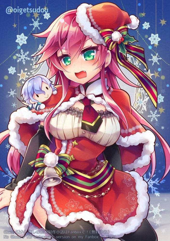 oigetsudou (byakuya yuu), celis ortesia, rion balthazar, eiyuu densetsu, kuro no kiseki (series), 1girl, black thighhighs, blush, breasts, capelet, chibi, christmas, detached sleeves, double-parted bangs, dress, embarrassed, english text, fang, fur-trimmed capelet, fur-trimmed dress, fur trim, green eyes, hair between eyes, hat, large breasts, necktie, open mouth, santa costume, santa dress, santa hat, sidelocks, smile, snowflakes, thighhighs, twitter username, watermark