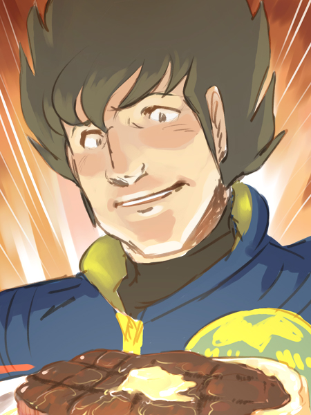 ishibashi yosuke, kakizaki hayao, choujikuu yousai macross, macross, macross: do you remember love?, pilot suit, 1980s (style), 1boy, brown hair, food, jumpsuit, male focus, meat, military, military uniform, oldschool, retro artstyle, sideburns, skull and crossbones, smile, solo, spiked hair, steak, teeth