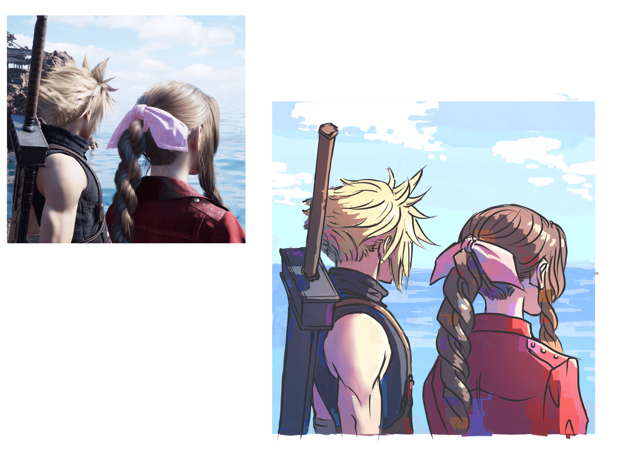 changbim13, aerith gainsborough, cloud strife, final fantasy, final fantasy vii, final fantasy vii rebirth, final fantasy vii remake, art study, derivative work, highres, screenshot redraw, 1boy, 1girl, blonde hair, blue sky, border, braid, braided ponytail, brown hair, buster sword, cloud, cloudy sky, facing away, from behind, game screenshot inset, hair ribbon, jacket, long hair, outdoors, pink ribbon, red jacket, ribbon, screenshot inset, short hair, sidelocks, single bare shoulder, single braid, sky, sleeveless, sleeveless turtleneck, spiked hair, suspenders, sword, sword on back, turtleneck, upper body, weapon, weapon on back, white border