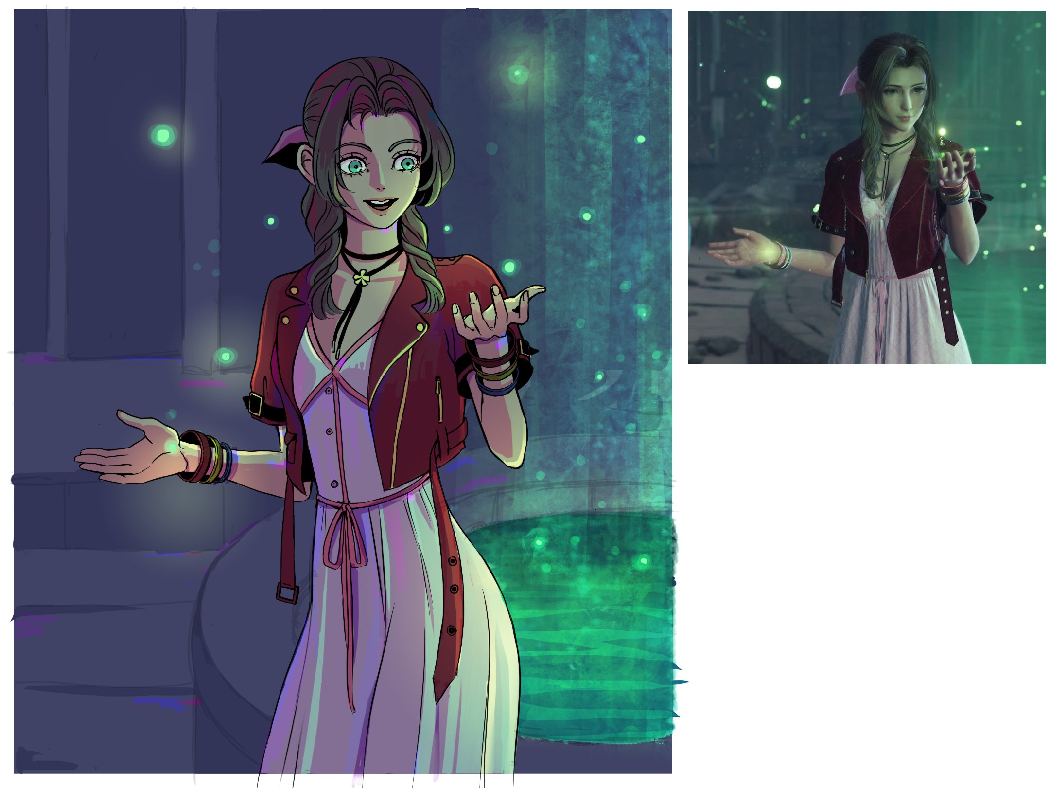 changbim13, aerith gainsborough, final fantasy, final fantasy vii, final fantasy vii rebirth, final fantasy vii remake, art study, derivative work, highres, screenshot redraw, 1girl, bangle, border, bracelet, breasts, choker, cowboy shot, cropped jacket, dress, flower choker, game screenshot inset, green eyes, hair ribbon, jacket, jewelry, medium breasts, parted bangs, parted lips, pink dress, pink ribbon, red jacket, ribbon, screenshot inset, sidelocks, smile, solo, white border